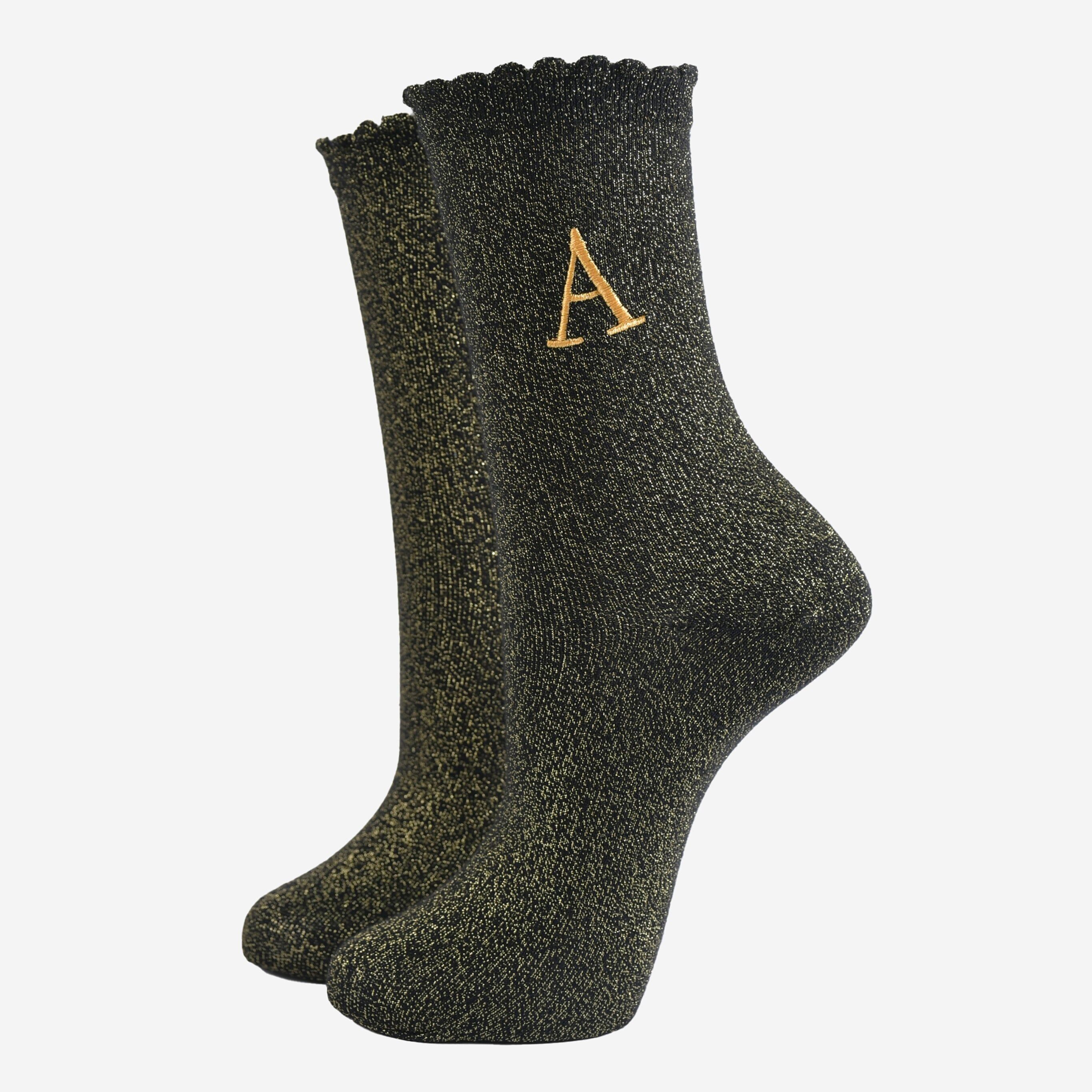 Glitzersocken für Damen - Schwarz/Gold, Anfangsbuchstabe „A“