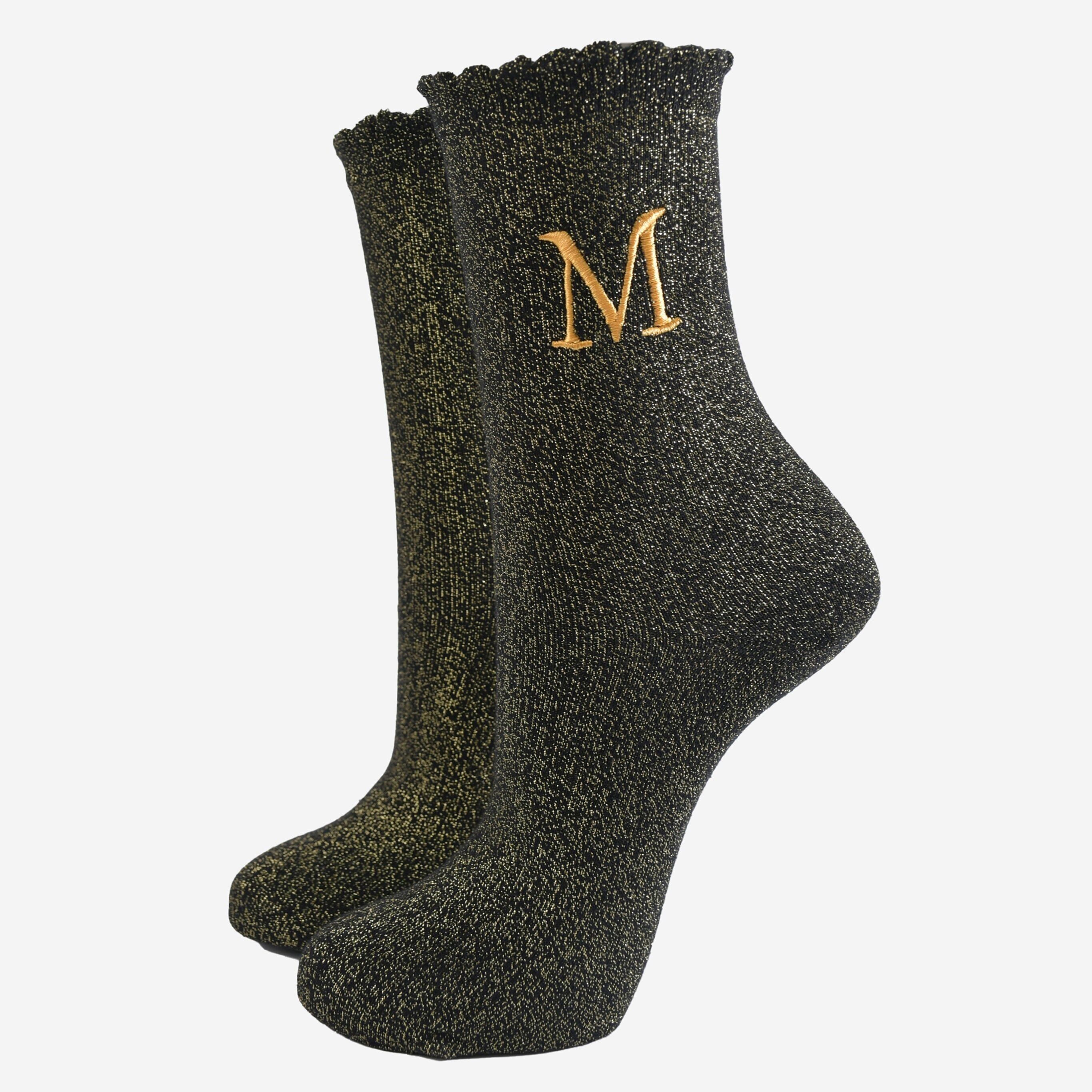 Glitzersocken für Damen - Schwarz/Gold, Initiale „M“