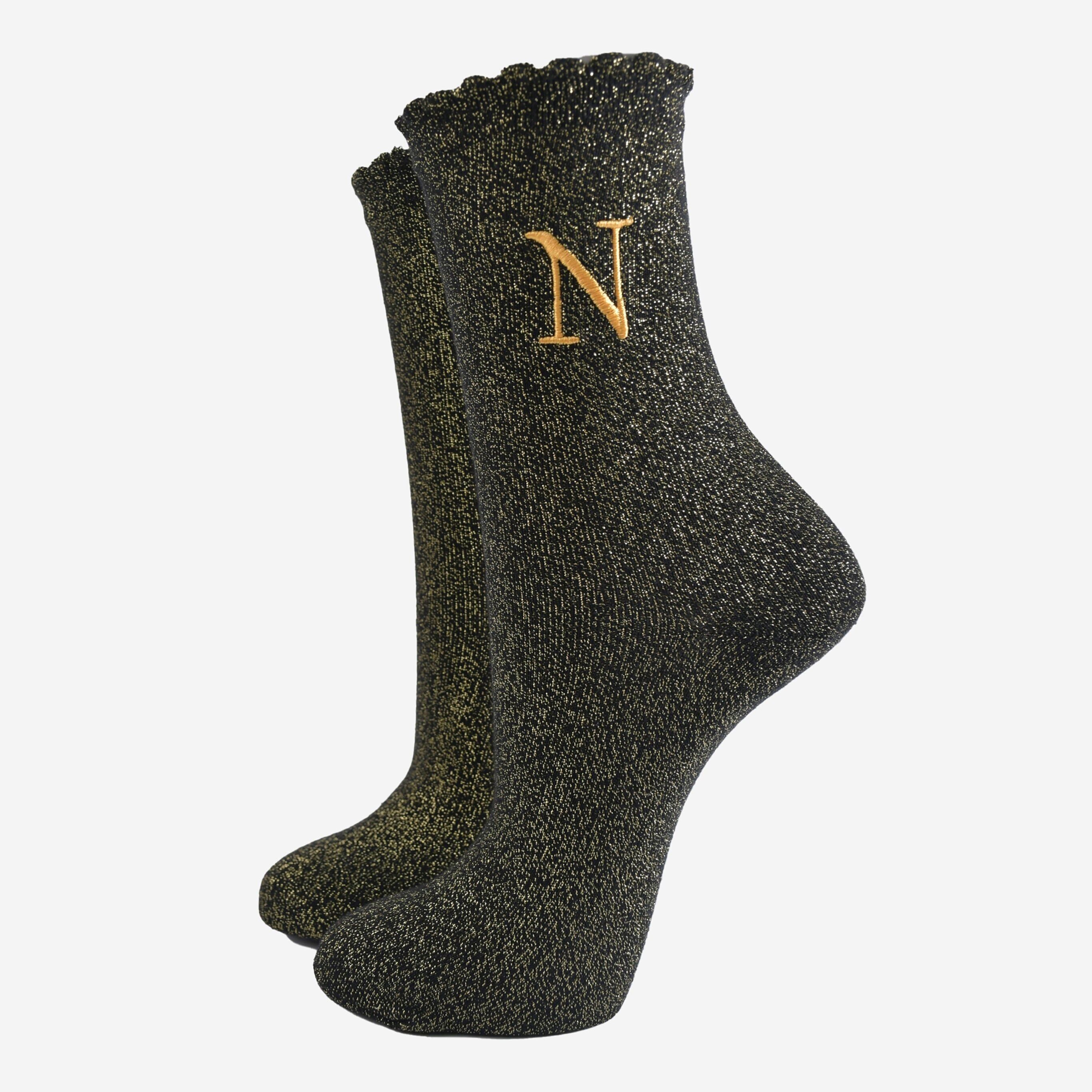 Glitzersocken für Damen - Schwarz/Gold, Anfangsbuchstabe „N“