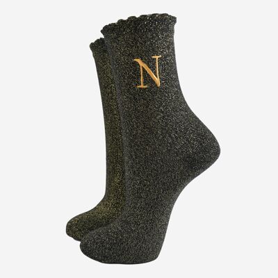 Calzini glitterati da donna - Nero/oro, iniziale "N"