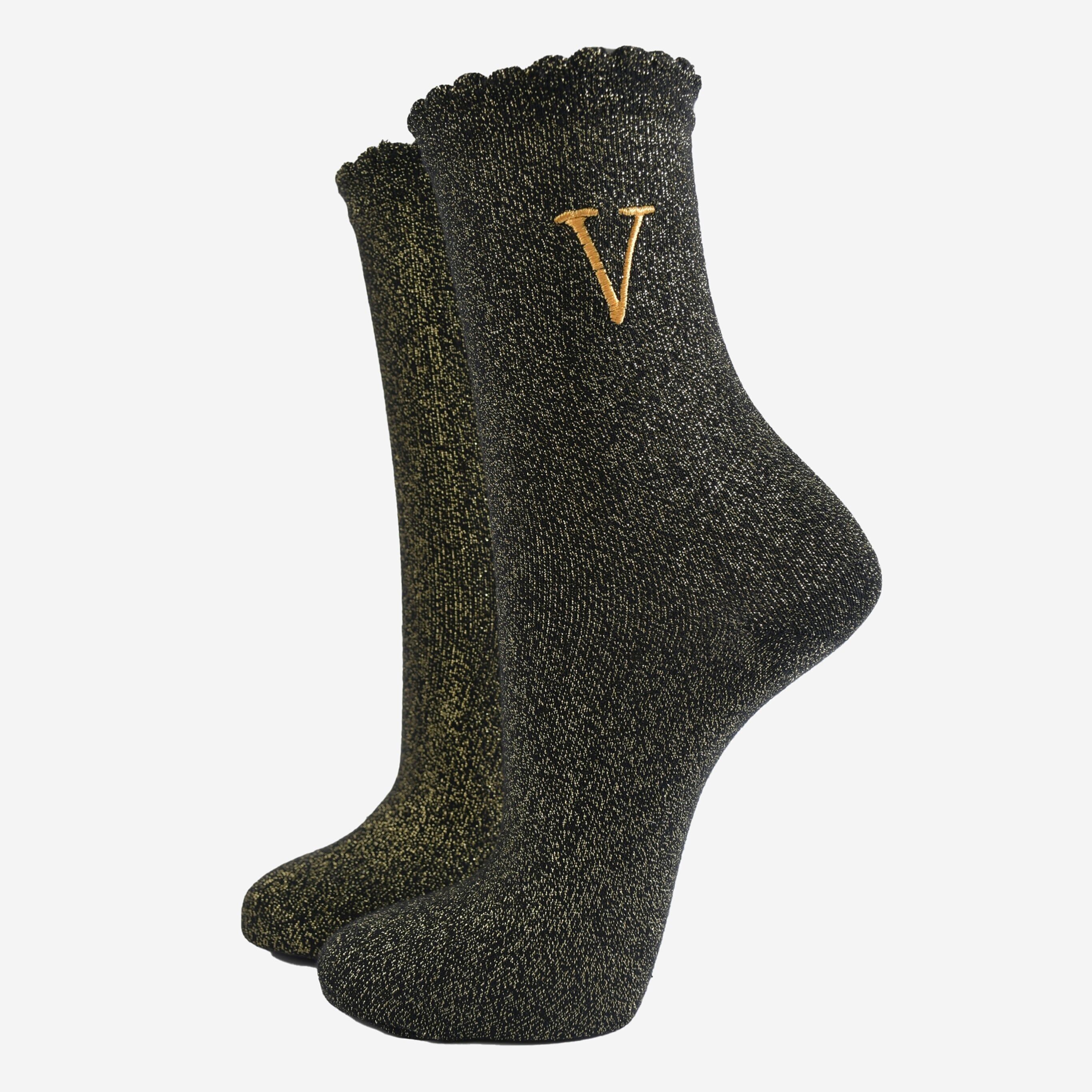 Glitzersocken für Damen - Schwarz/Gold, Initiale „V“