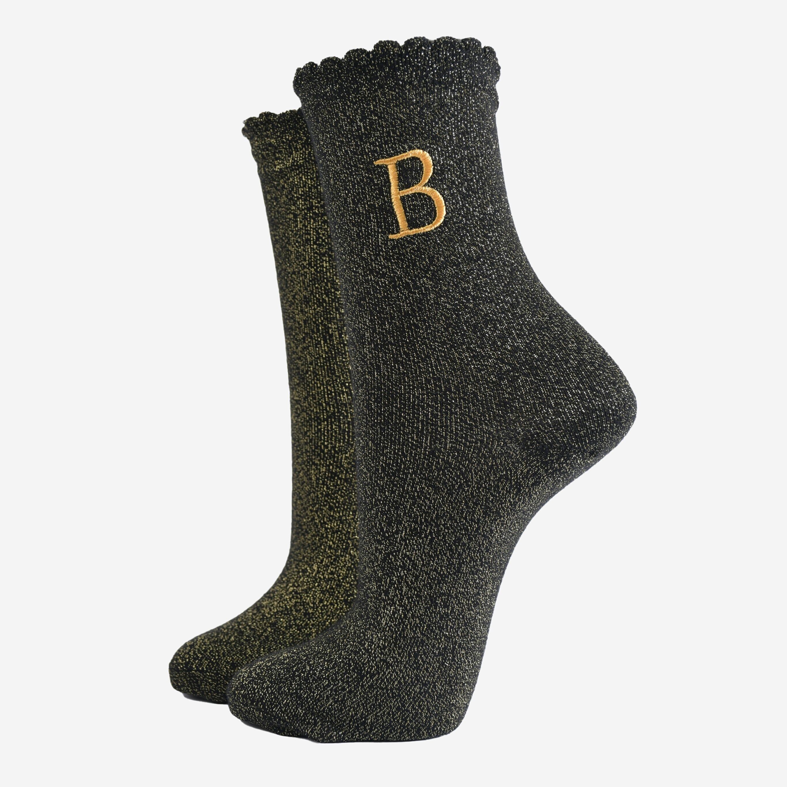 Glitzersocken für Damen - Schwarz/Gold, Anfangsbuchstabe „B“