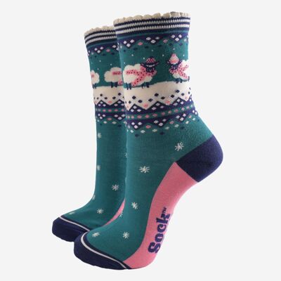 Calzini da donna in bambù - Verde/Blu navy, Fair Isle di pecora