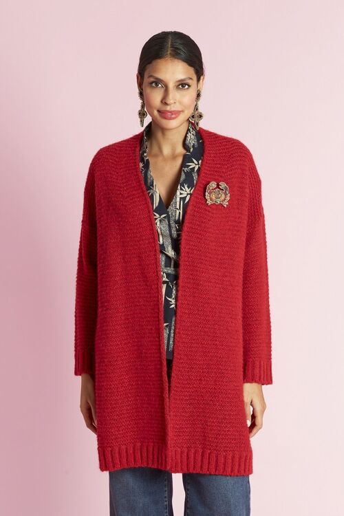 Gilet long en laine mélangée point mousse - rouge