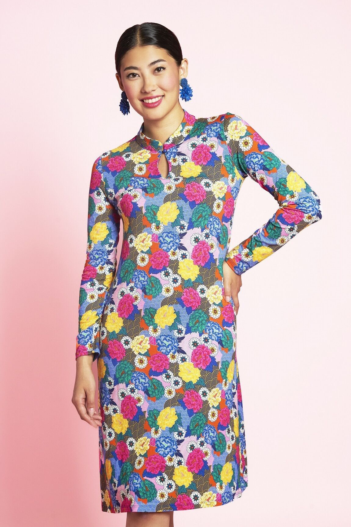 Abito in jersey di viscosa stampa angeli con collo tunisino - multicolor