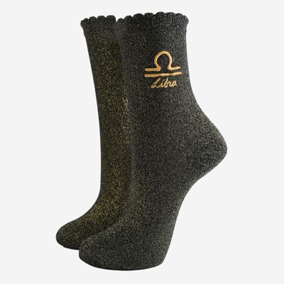 Chaussettes à paillettes pour femmes - Noir/doré, signe astrologique Balance
