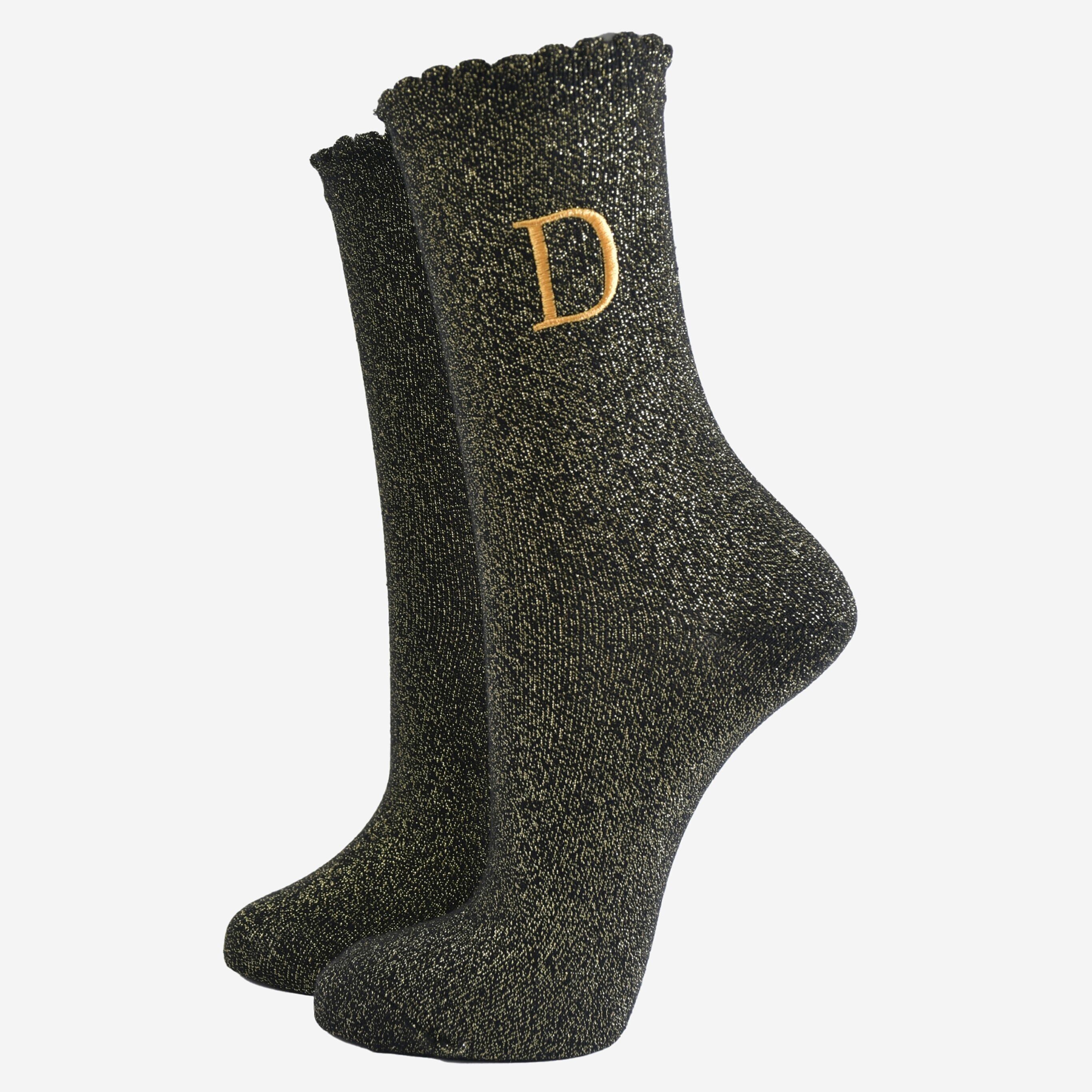 Chaussettes à paillettes pour femmes - Noir/doré, initiale « D »