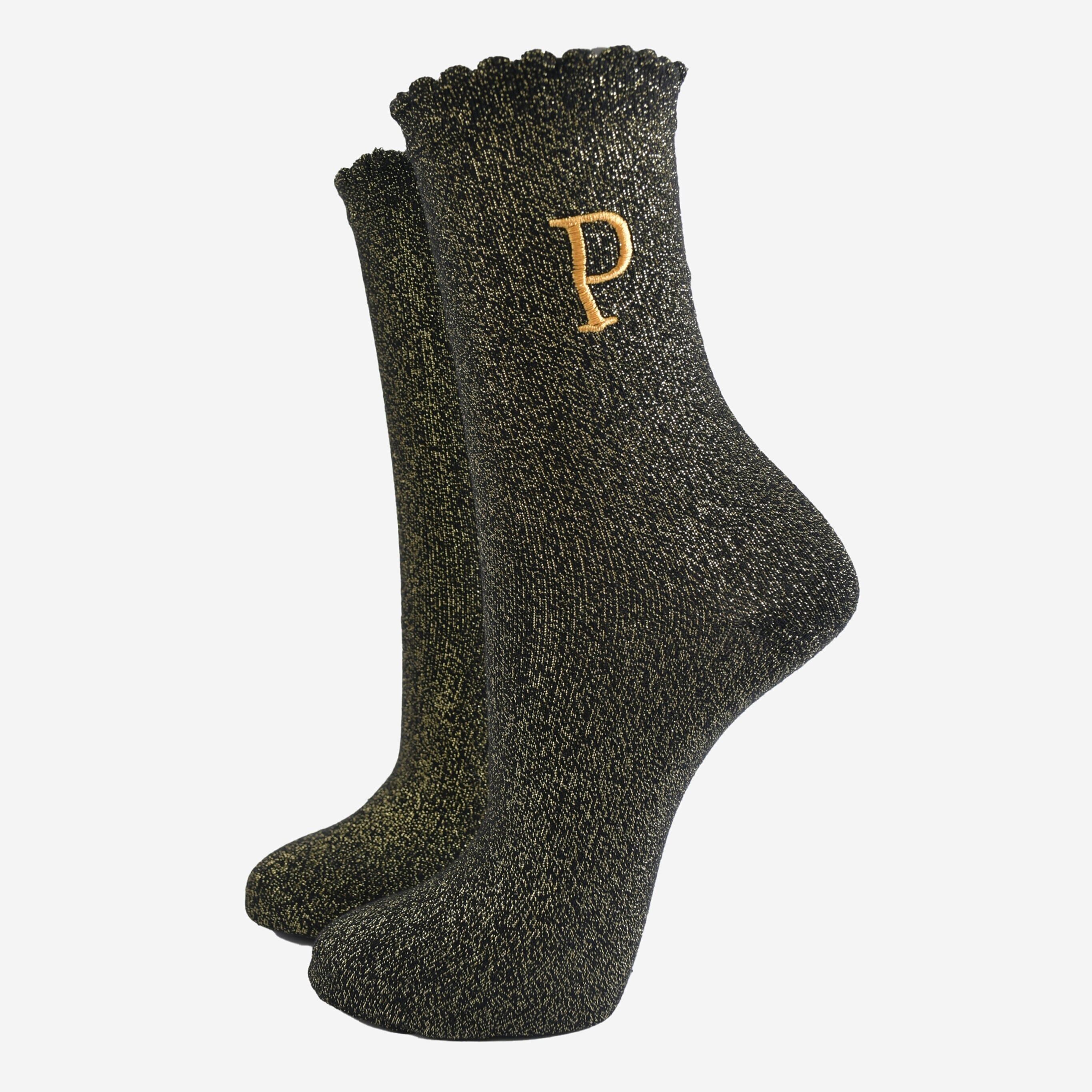 Chaussettes à paillettes pour femmes - Noir/doré, initiale « P »