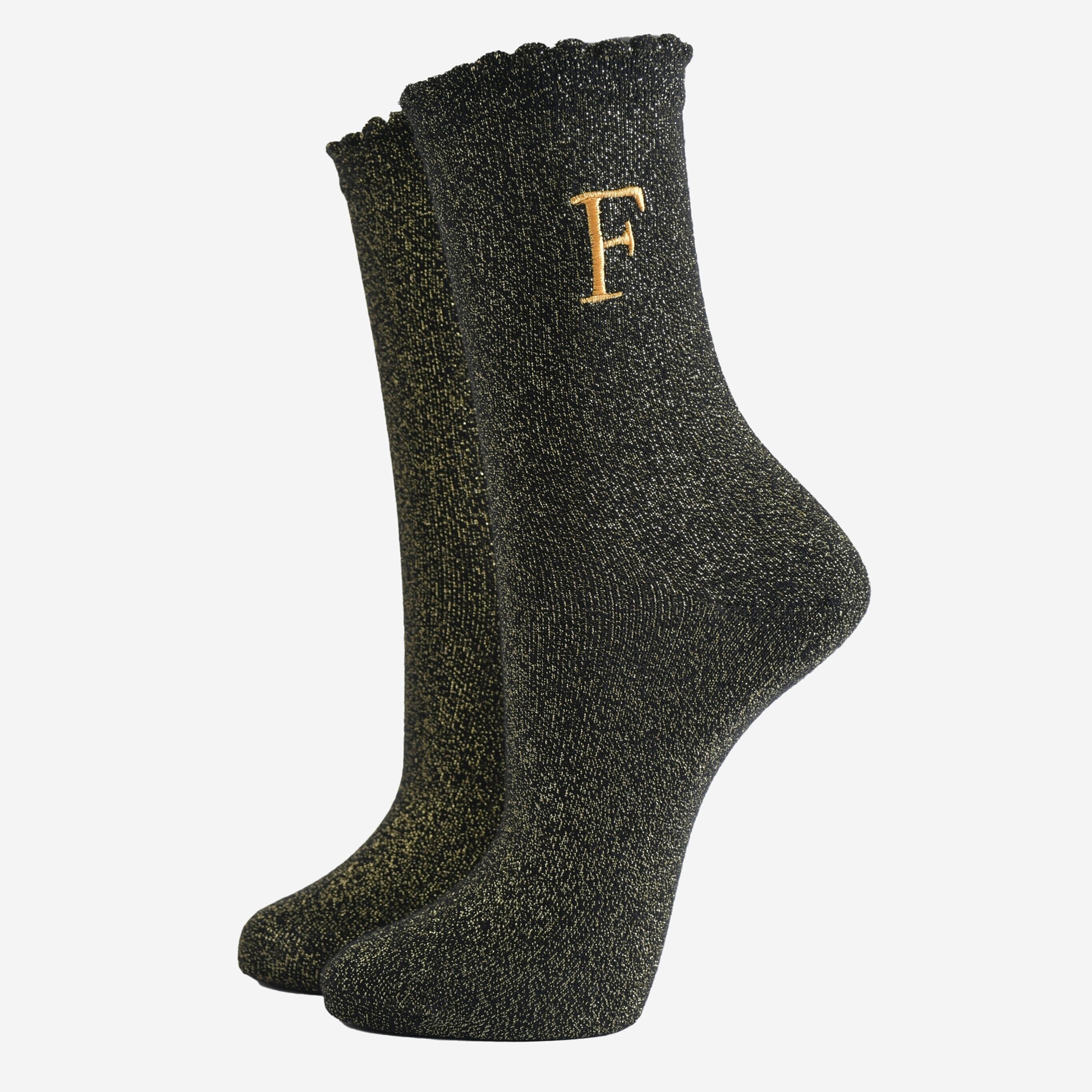 Glitzersocken für Damen - Schwarz/Gold, Anfangsbuchstabe „F“