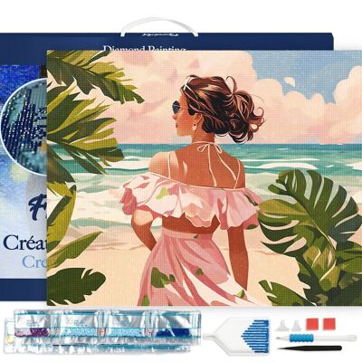 Ricamo a diamante - Bella ragazza al mare Tela 40x50 cm tesa su telaio