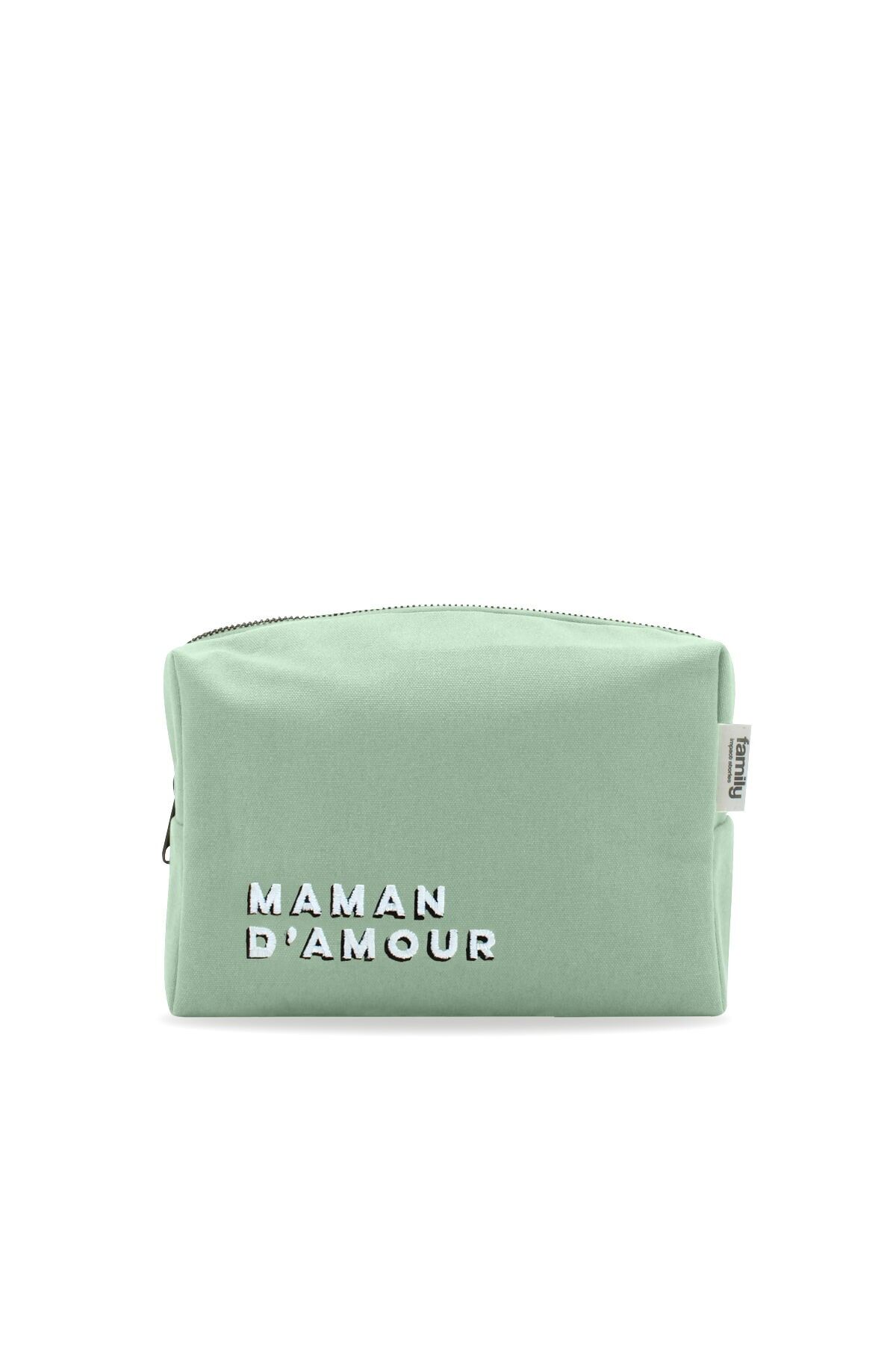 Borsa da toilette ricamata MAMAN D’AMOUR in verde acqua