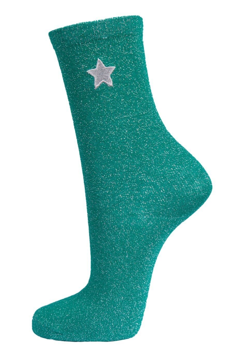 Glitzer-Socken für Damen, bestickte Stern-Söckchen, glitzernd, schimmernd, Grün