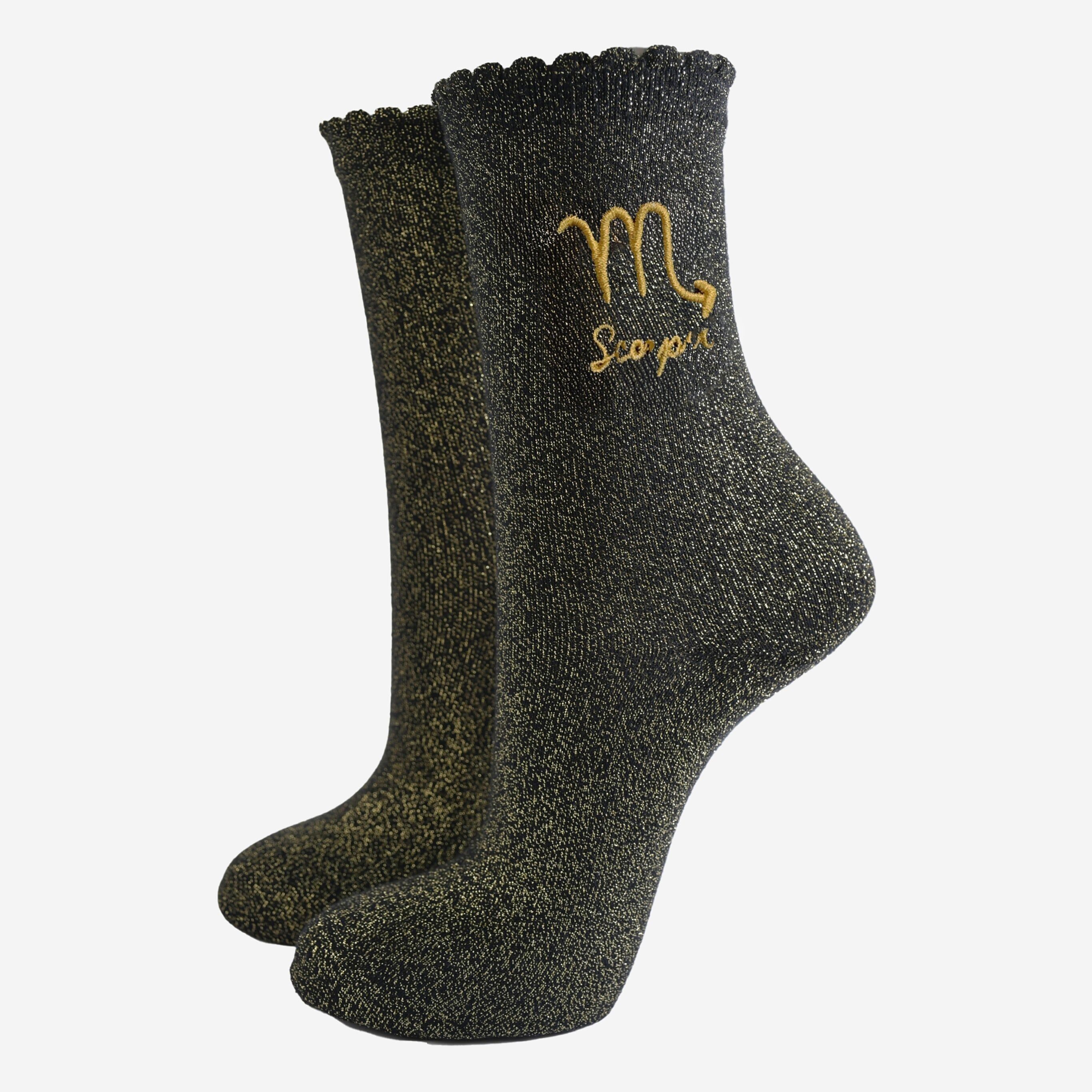 Glitzersocken für Damen - Schwarz/Gold, Sternzeichen Skorpion