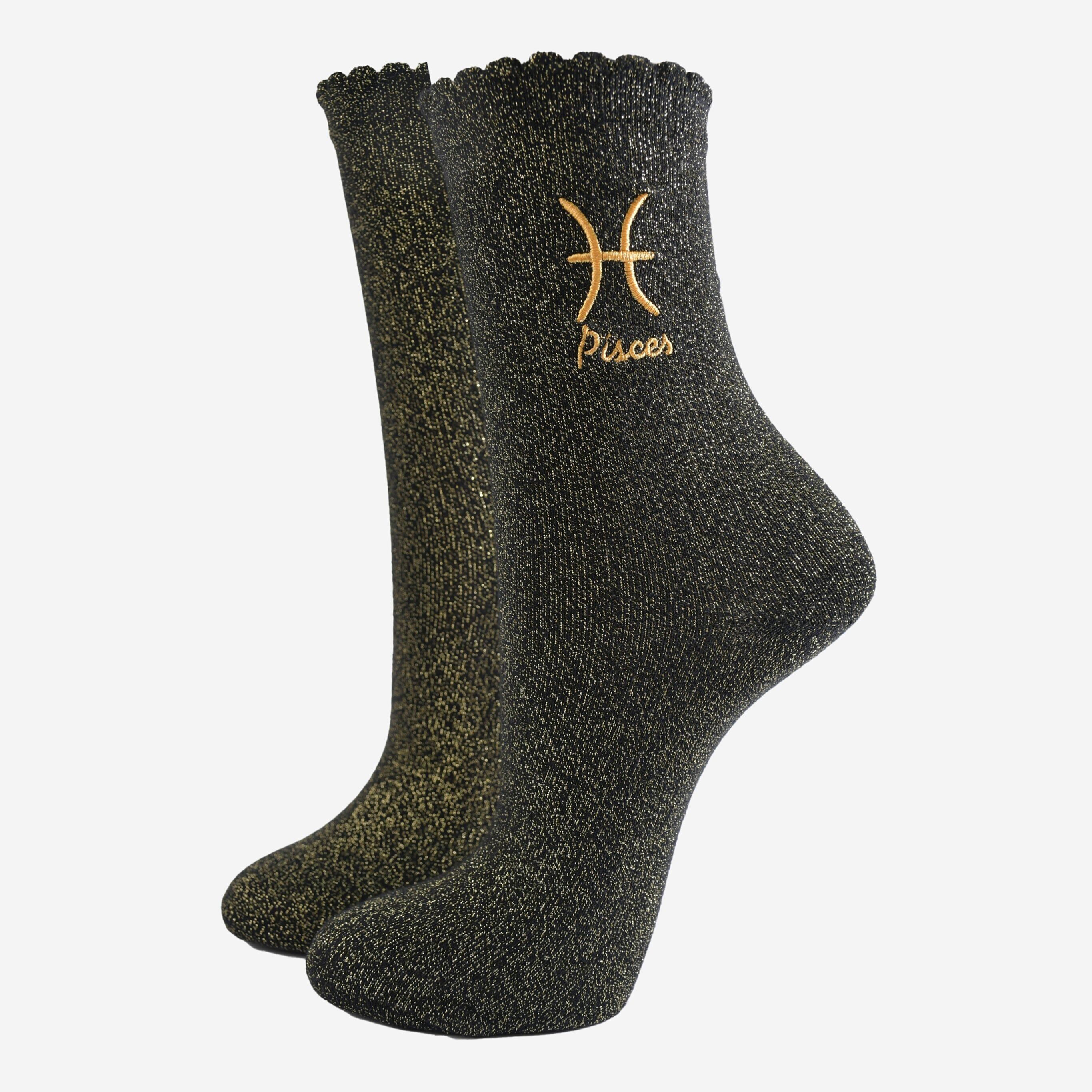 Glitzersocken für Damen - Schwarz/Gold, Sternzeichen Fische