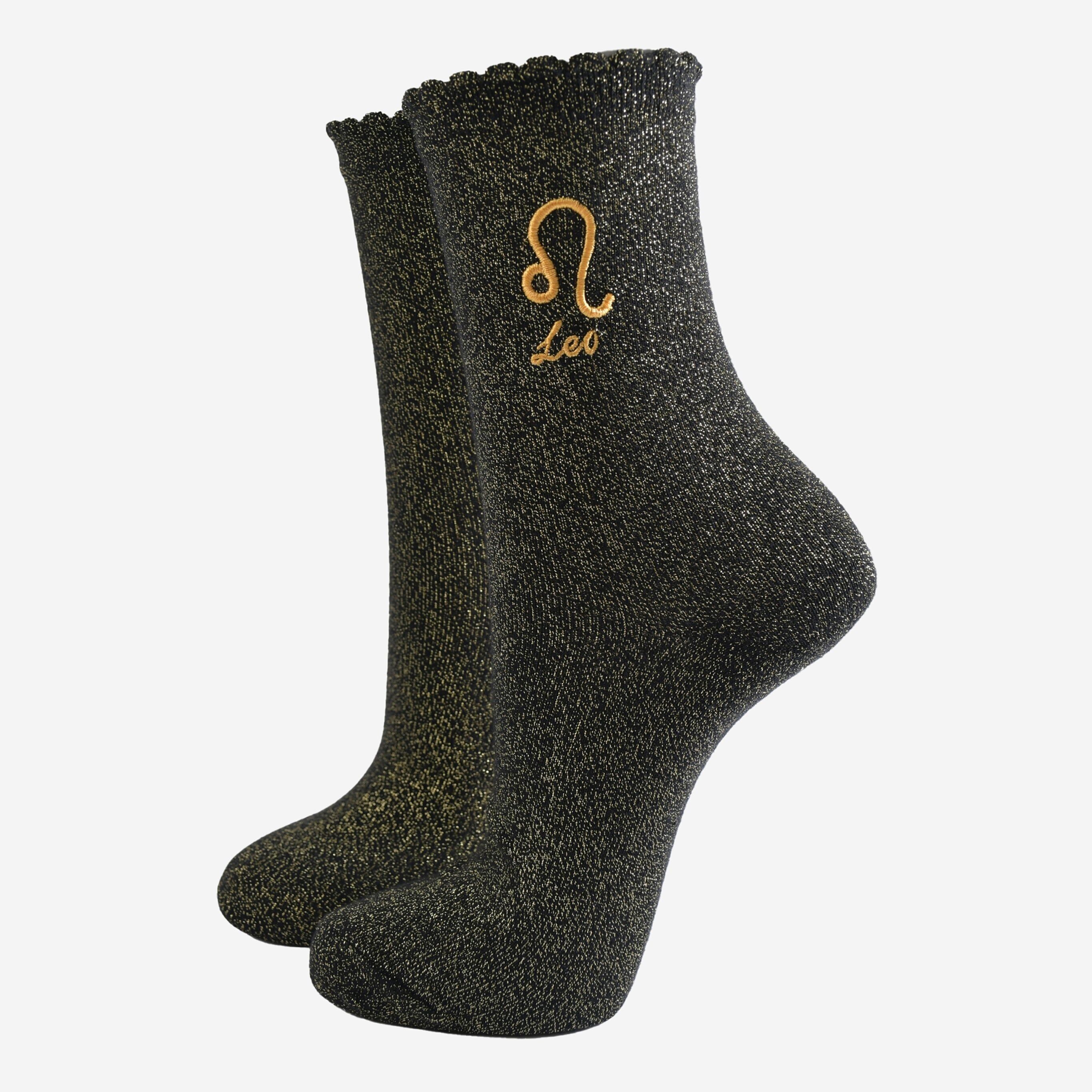 Glitzersocken für Damen - Schwarz/Gold, Sternzeichen Löwe