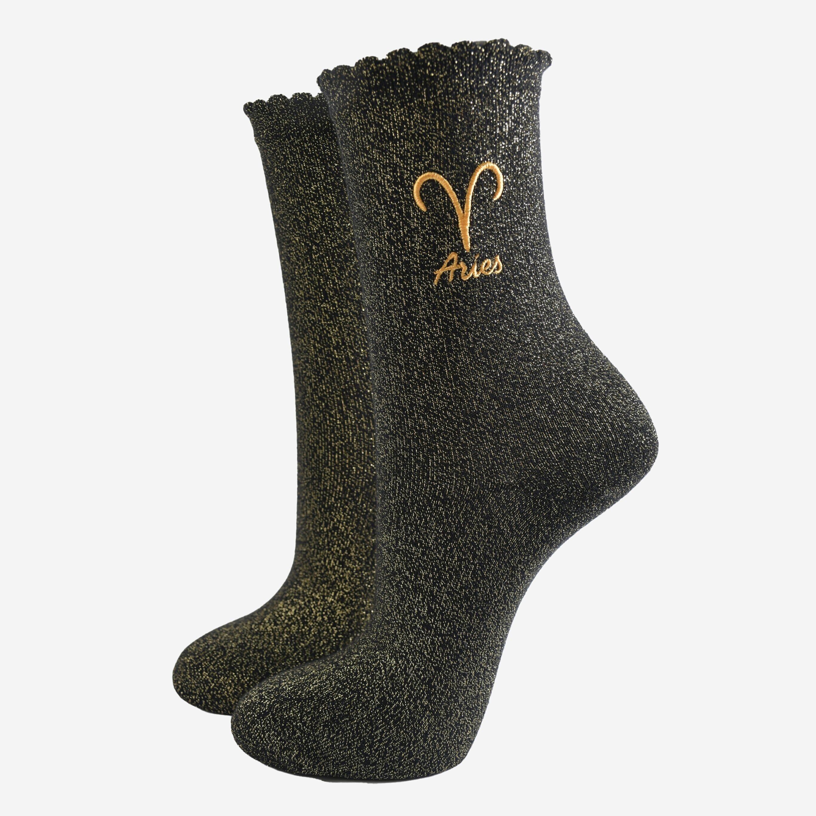 Glitzersocken für Damen - Schwarz/Gold, Sternzeichen Widder