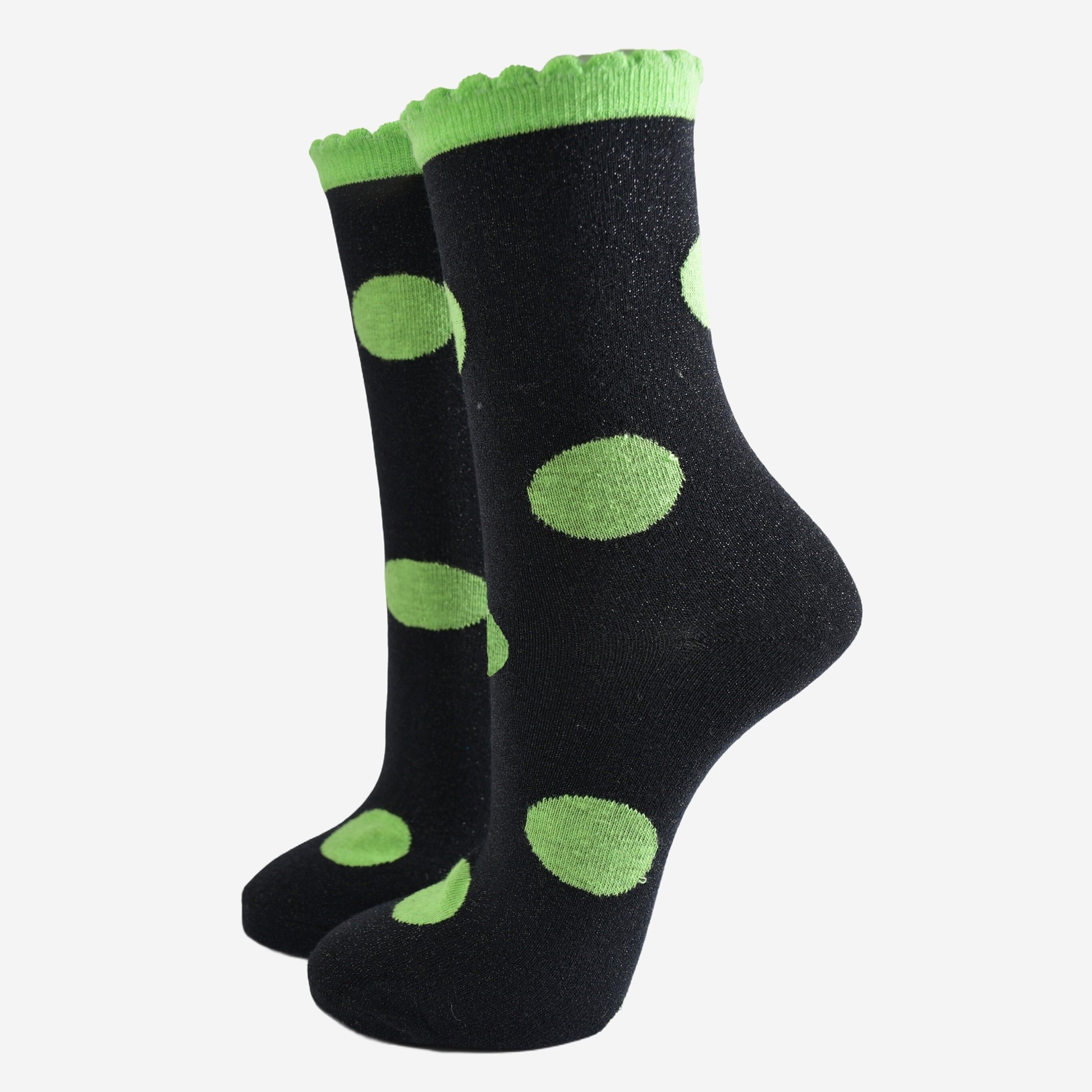 Chaussettes à paillettes pour femmes - Noir/citron vert, gros pois