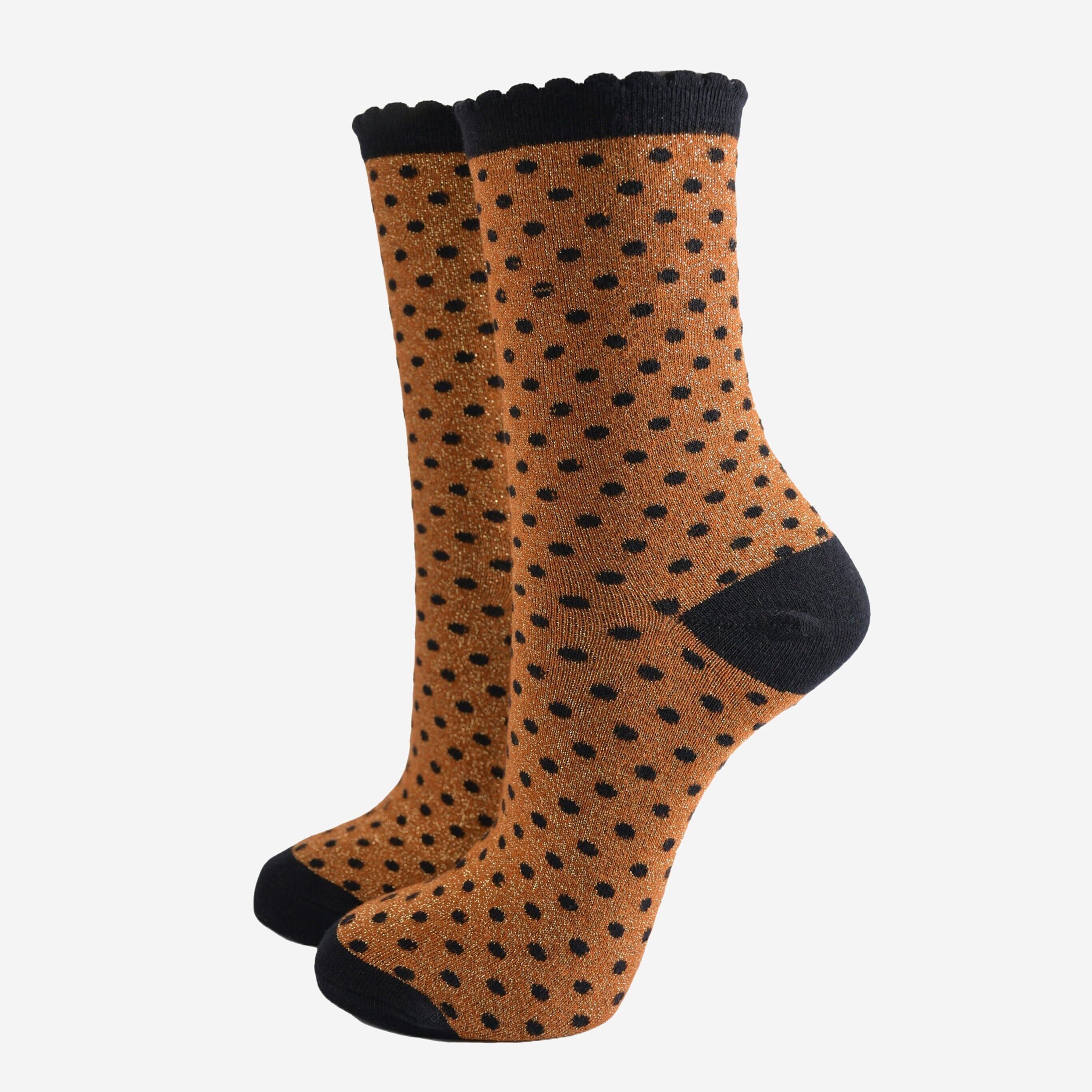 Glitzersocken für Damen - Kürbis/Schwarz, kleine Punkte