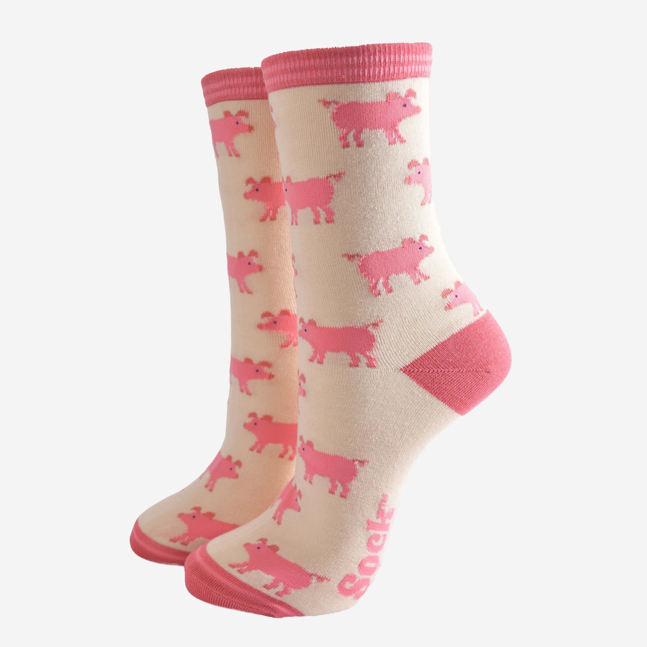Women's Bamboo Socks - Cream/Pink, Pigs