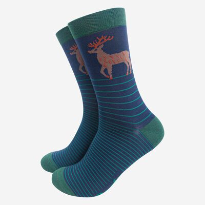 Calcetines de bambú para hombre: azul marino/verde, rayas de ciervo
