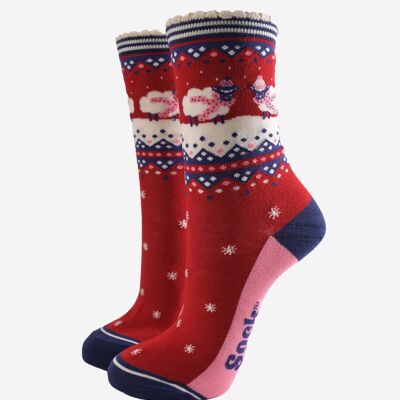 Calcetines de bambú para mujer, color rojo y azul marino, diseño de oveja Fair Isle