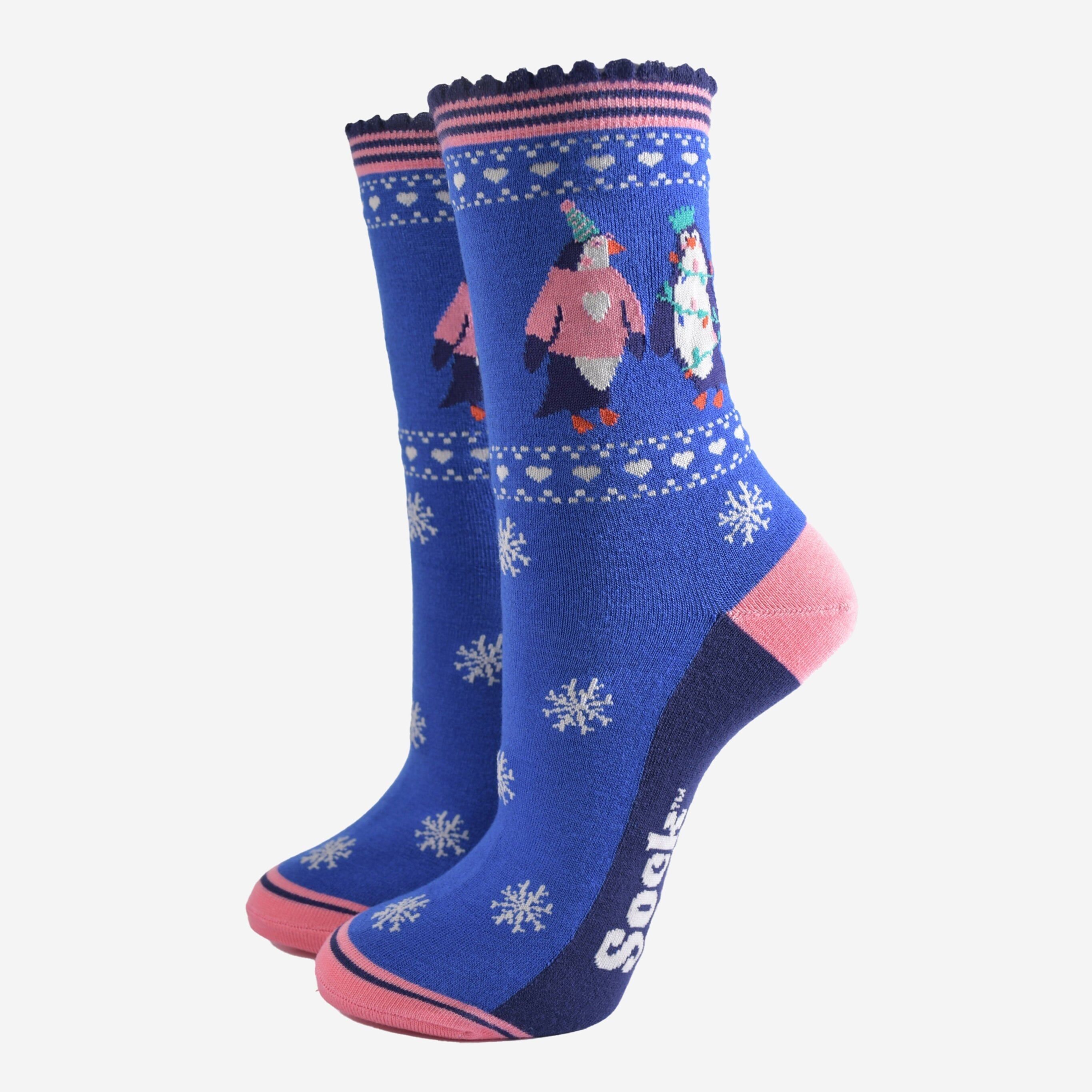 Women's Bamboo Socks - Blue/Pink, Party Penguin