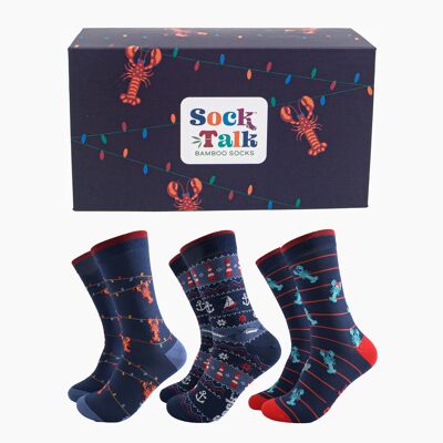 Coffret cadeau de chaussettes en bambou pour hommes - Bleu marine, homards nautiques