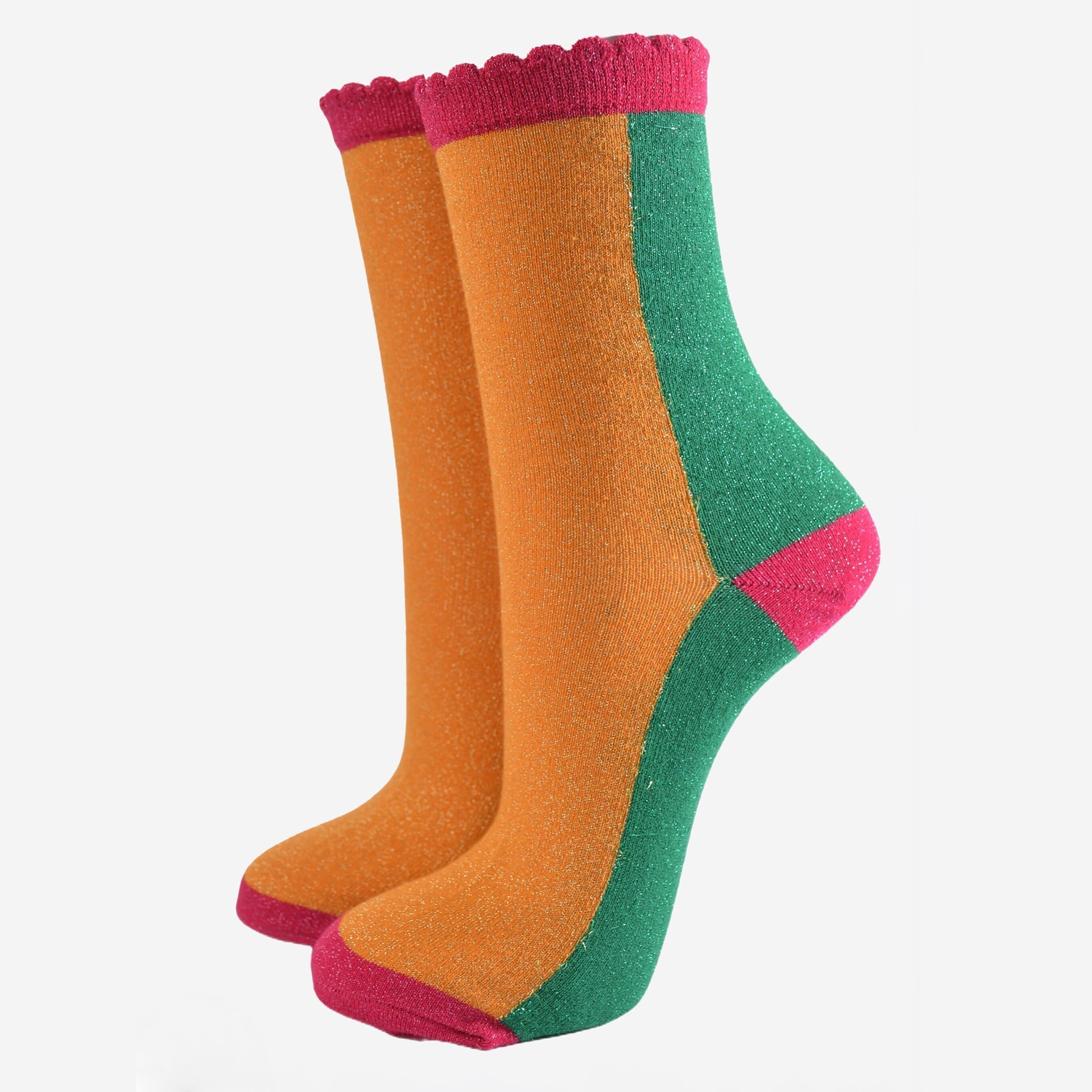 Women's Glitter Socks - Orange/Green, Colour Block