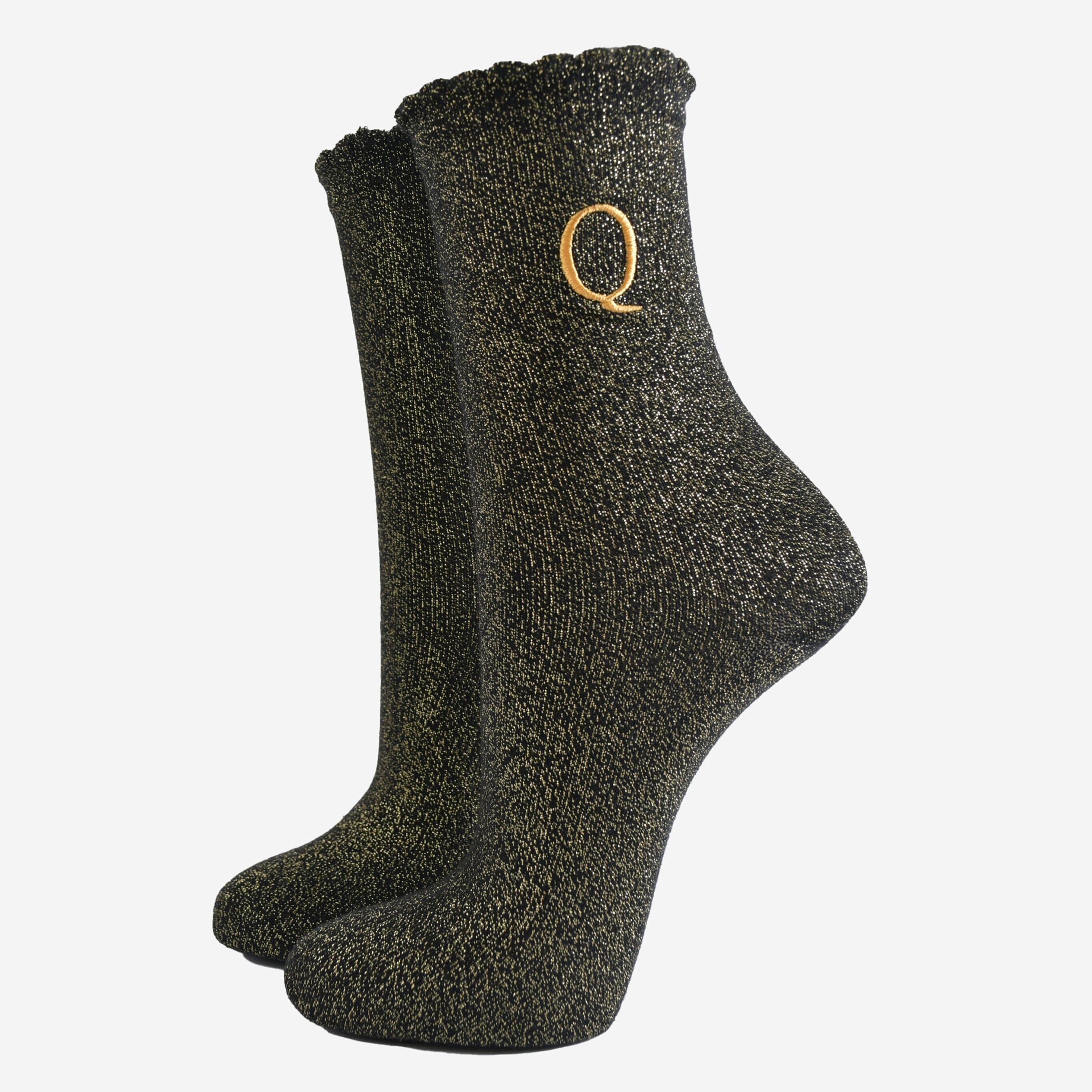 Women's Glitter Socks - Black/Gold, Initial "Q"