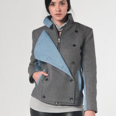 Giacca corta doppiopetto con denim grigio