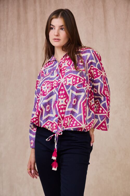 Chemise courte bohème coton à motifs - Taille unique