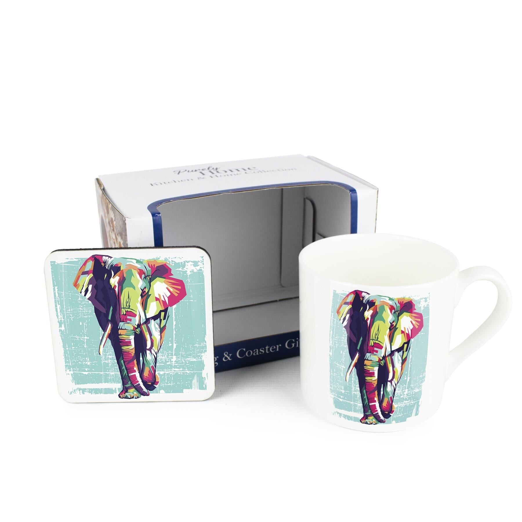 Set regalo con tazza e sottobicchiere a forma di elefante colorato