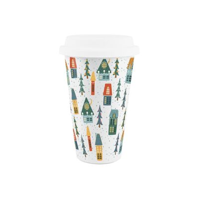 Taza de viaje de cerámica con casas navideñas