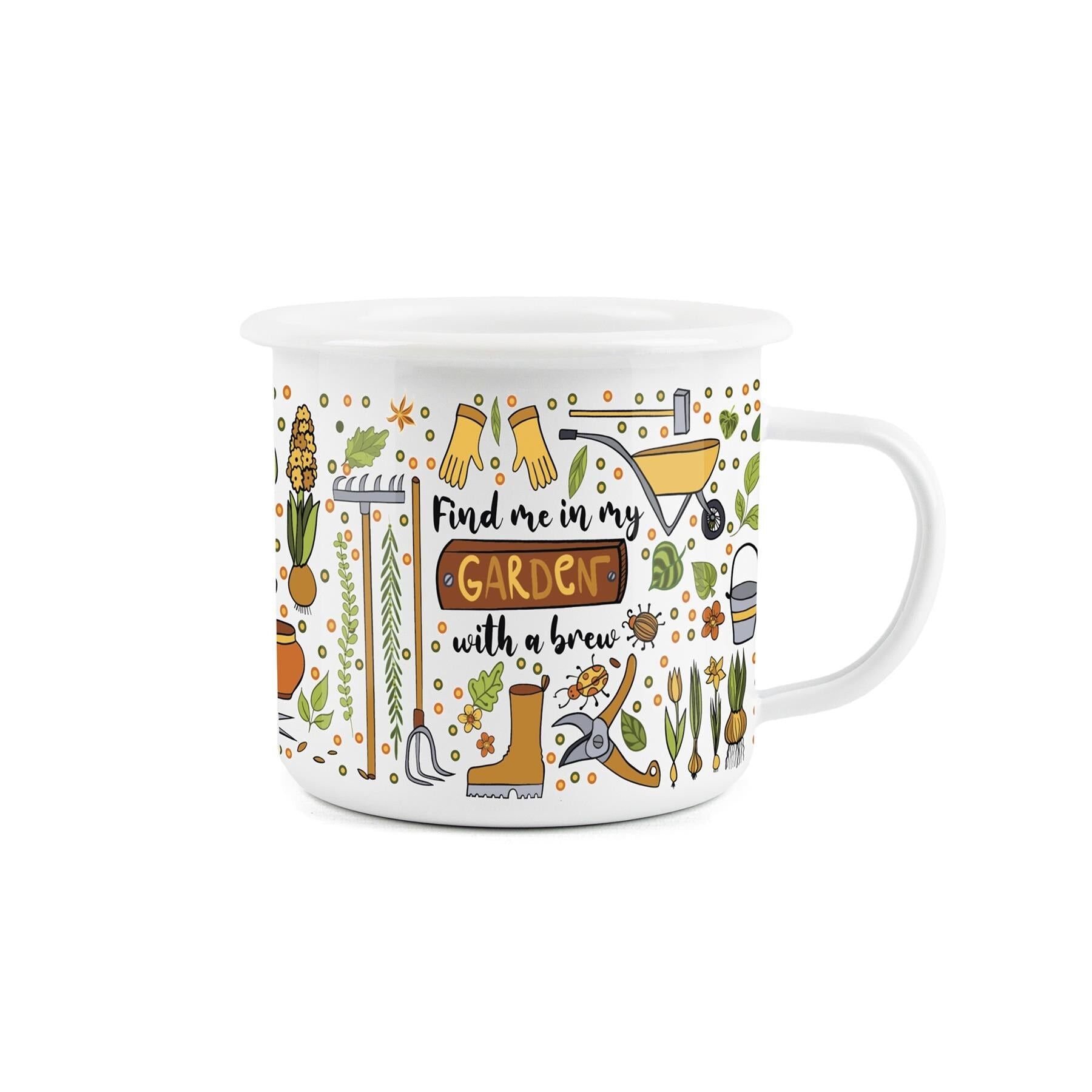 Taza esmaltada Encuéntrame en mi jardín
