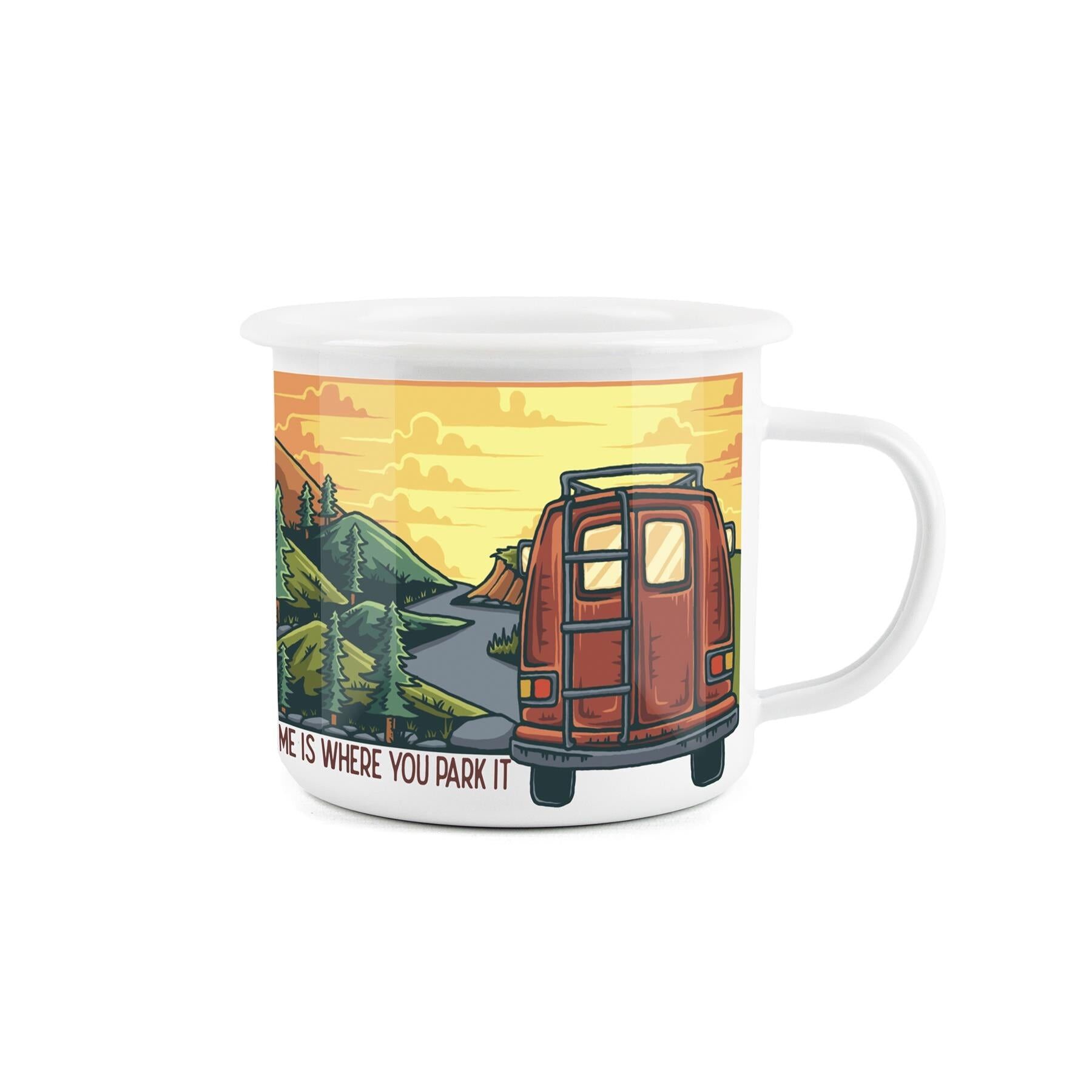 Tazza smaltata per camper "Home Is Where You Park It"