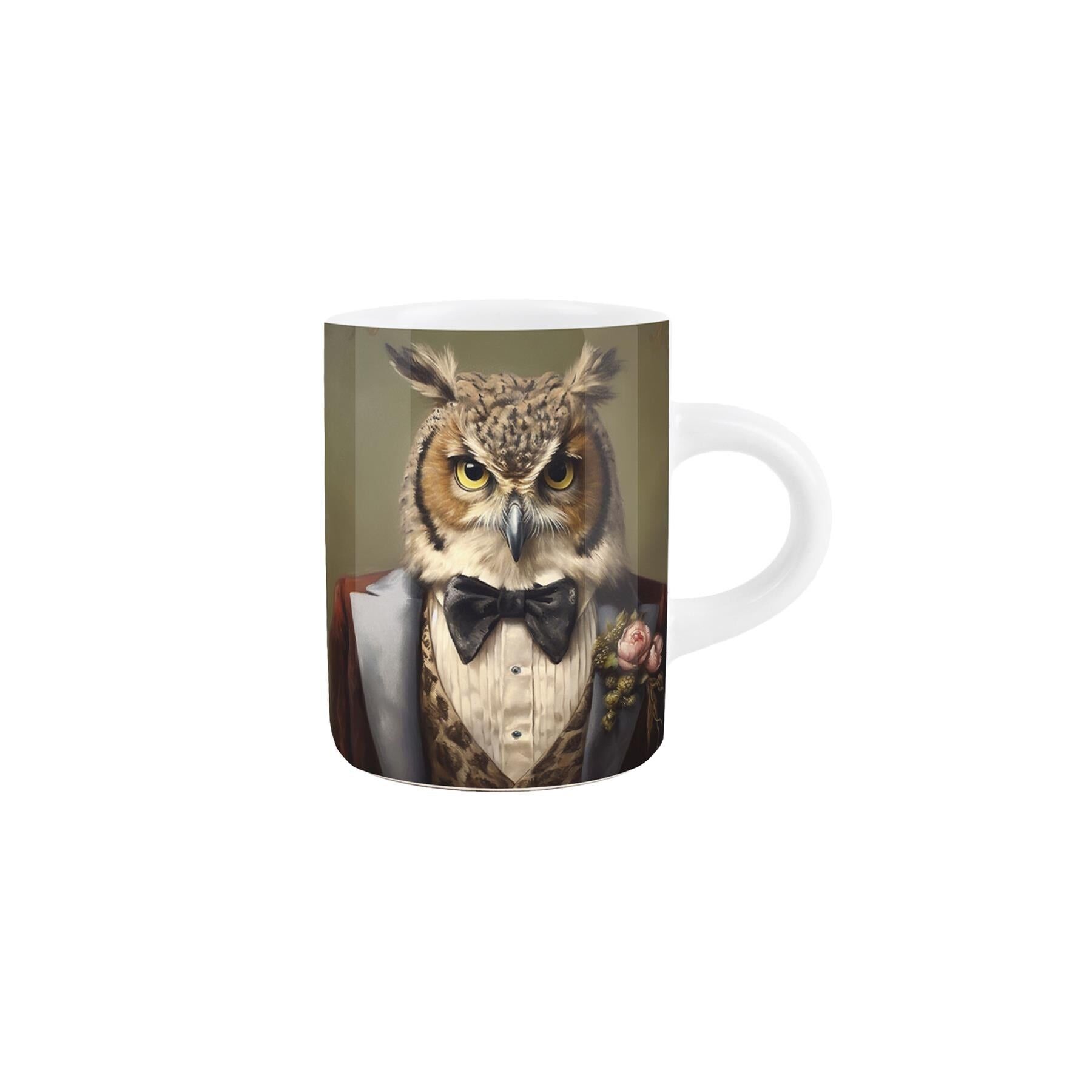 Taza de café espresso con retrato de búho de animales eduardianos