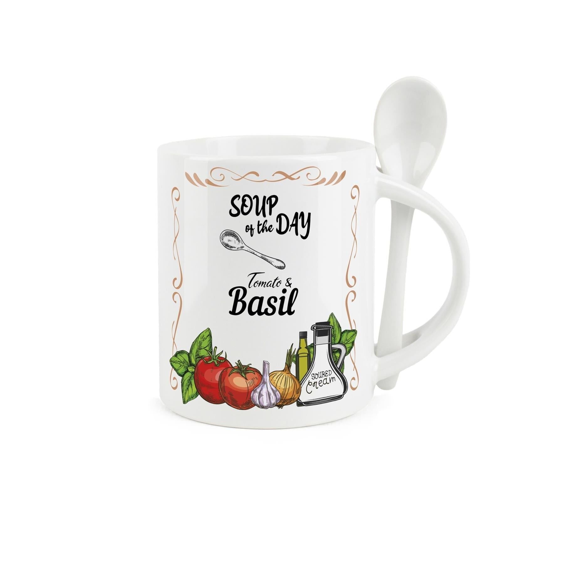Juego de taza y cuchara para sopa de tomate y albahaca