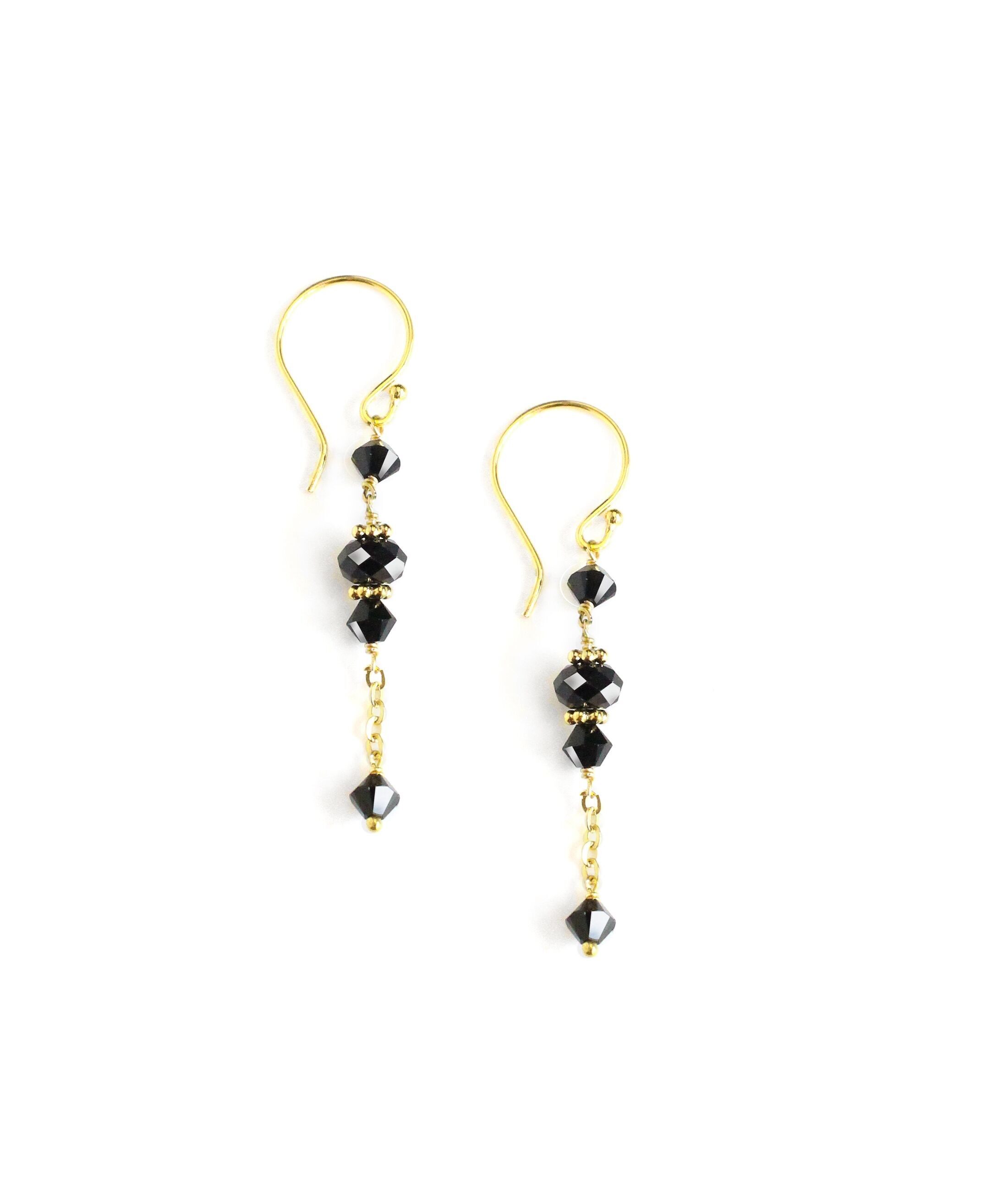 18K gold plated dangle earrings with black Austrian crystals