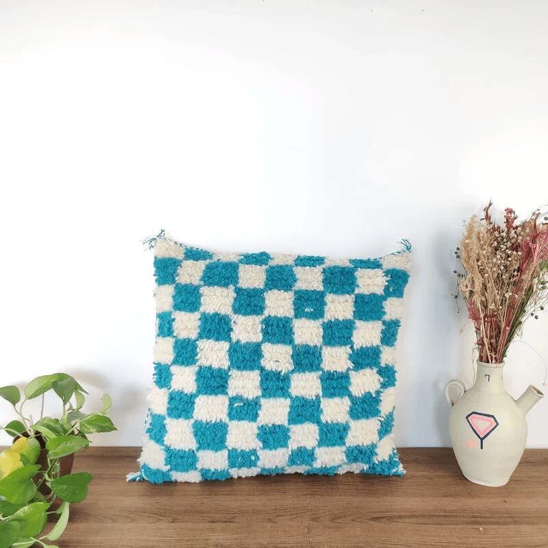Cuscino berbero a scacchi turchesi - stile Beni Ouarain