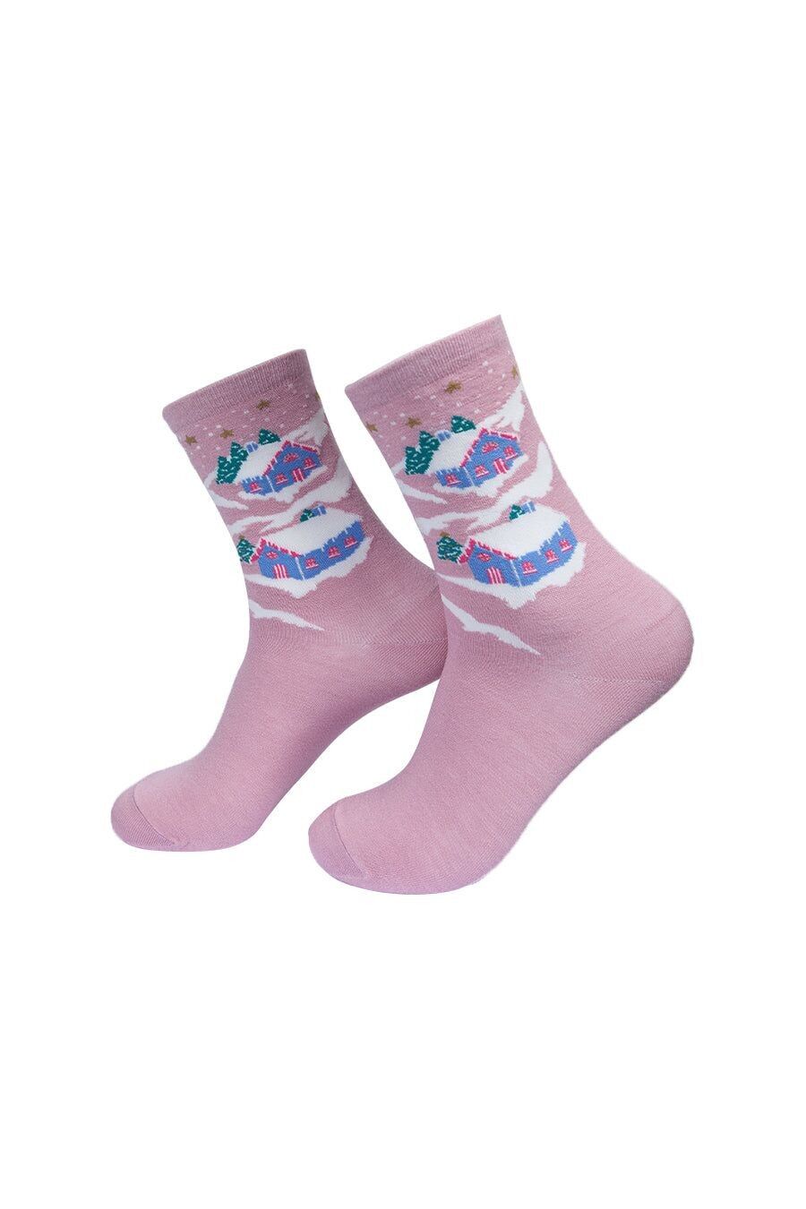 Damen Bambus Weihnachtssocken Skisocken Snowy Mountains Rosa Söckchen