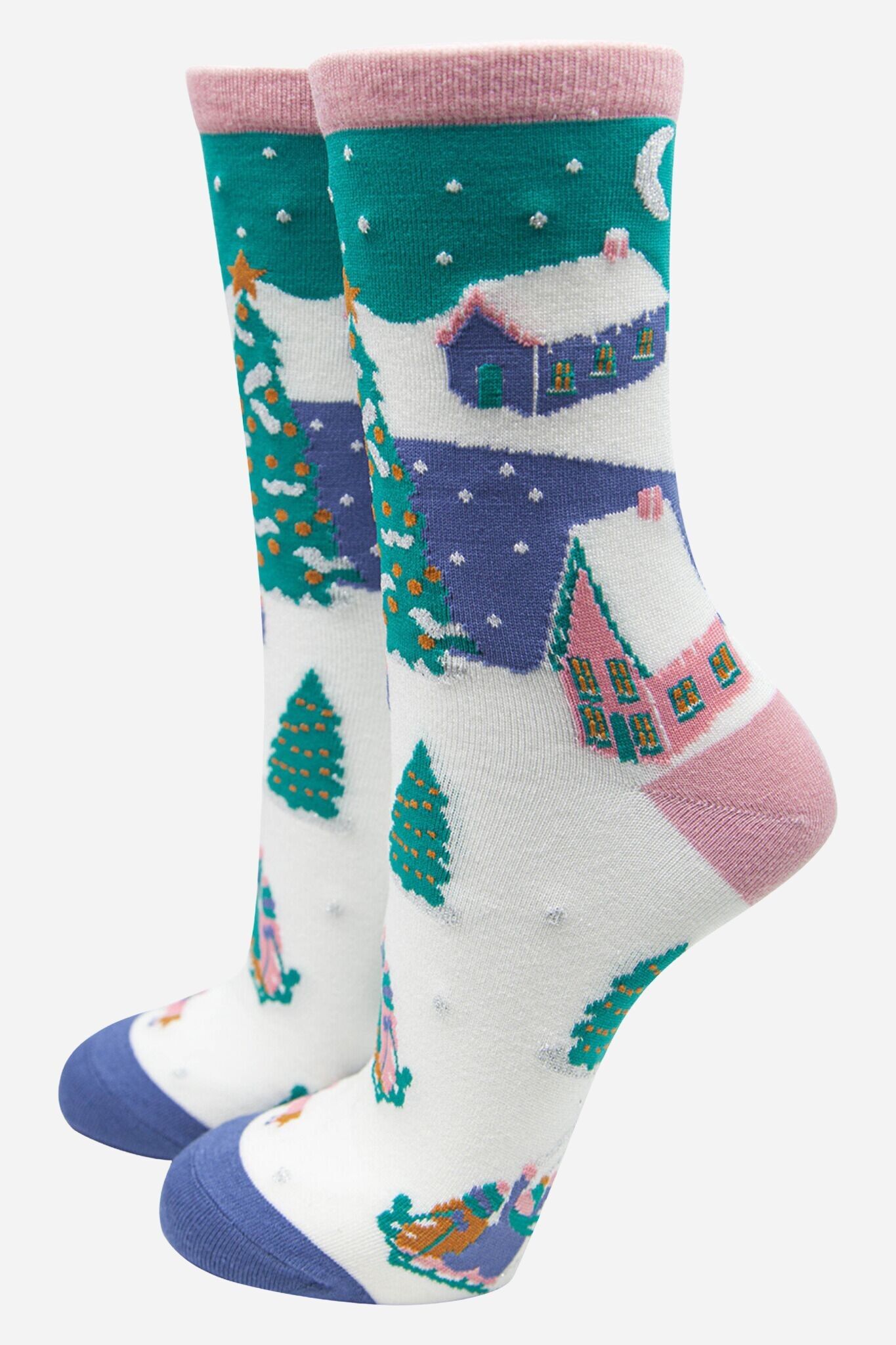 Grüne Damensocken mit Bambus-Print und Weihnachtsdorf-Print