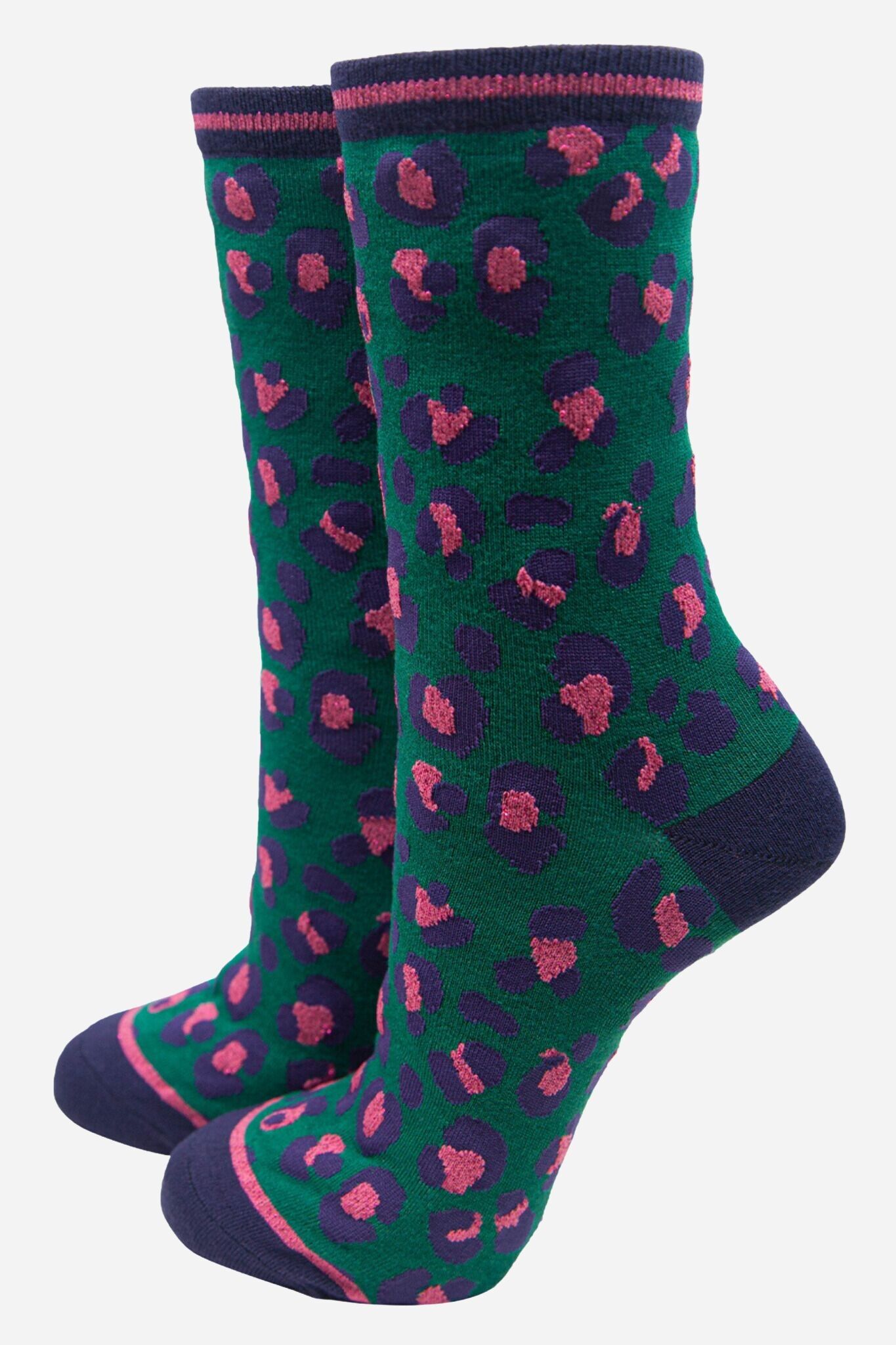 Women's Bamboo Socks Leopard Print Ankle Socks Green Pink