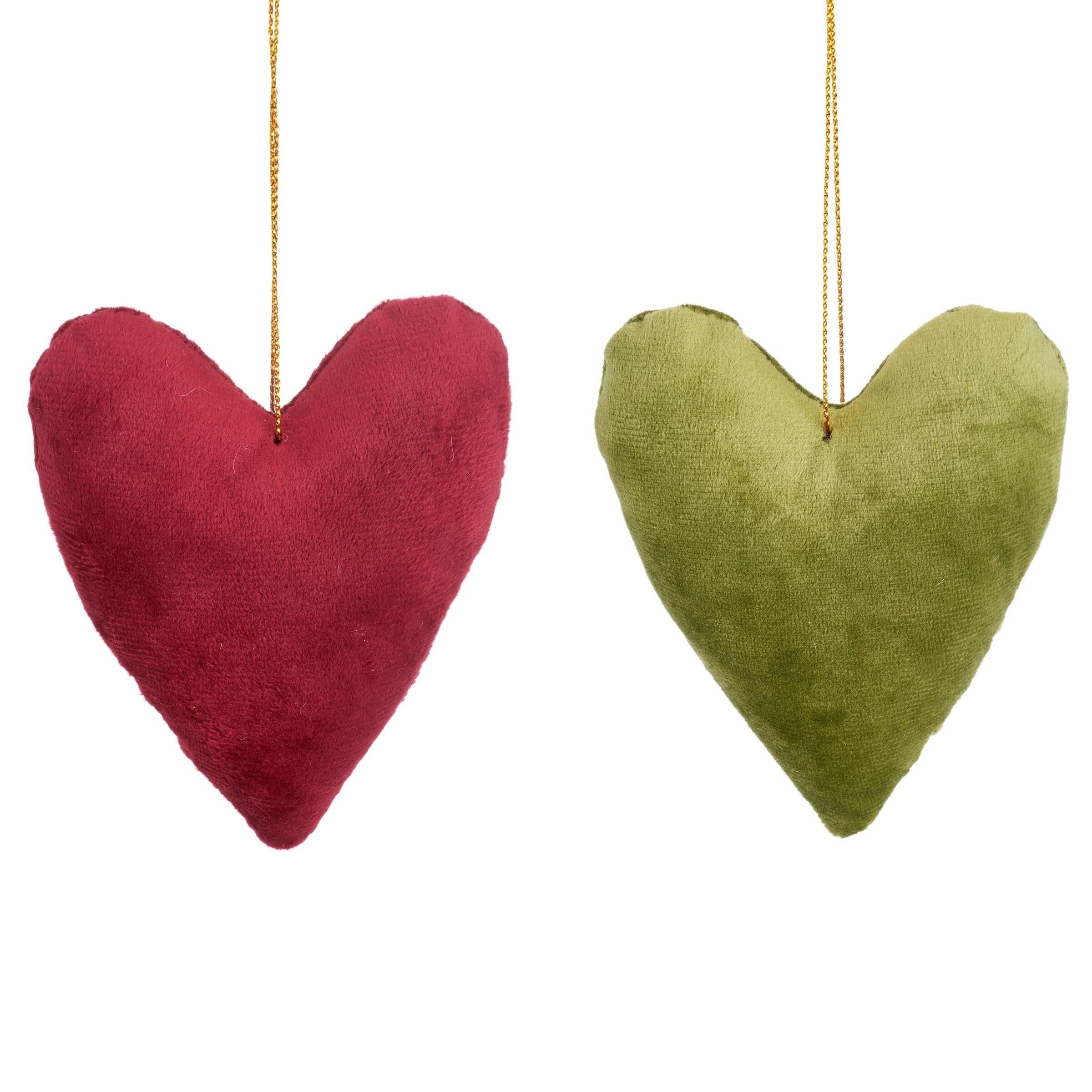 Decorazioni a forma di cuore pendenti in velluto verde e rosso fatte a mano
