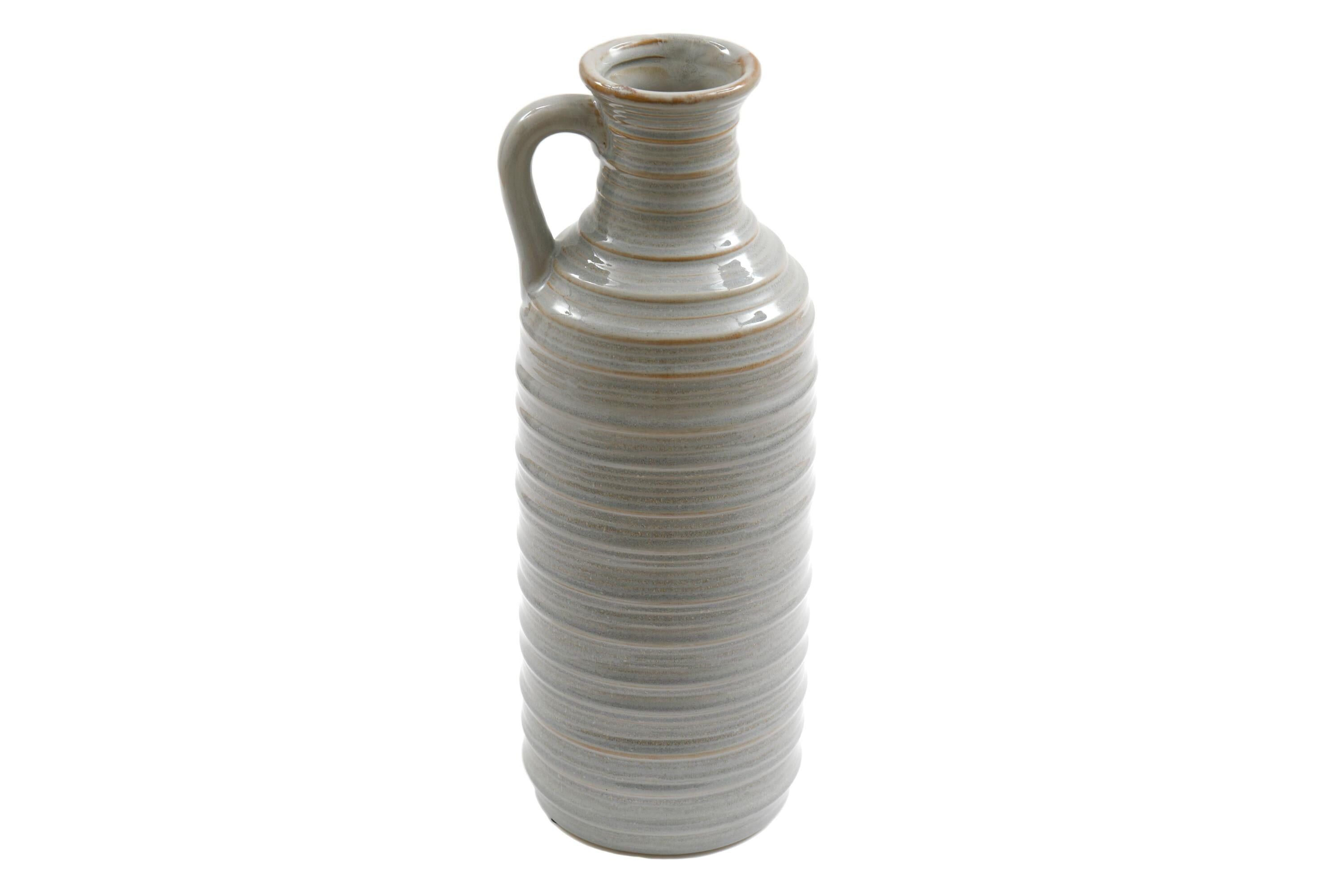 Vaso in ceramica grigia a coste con manico 34 cm