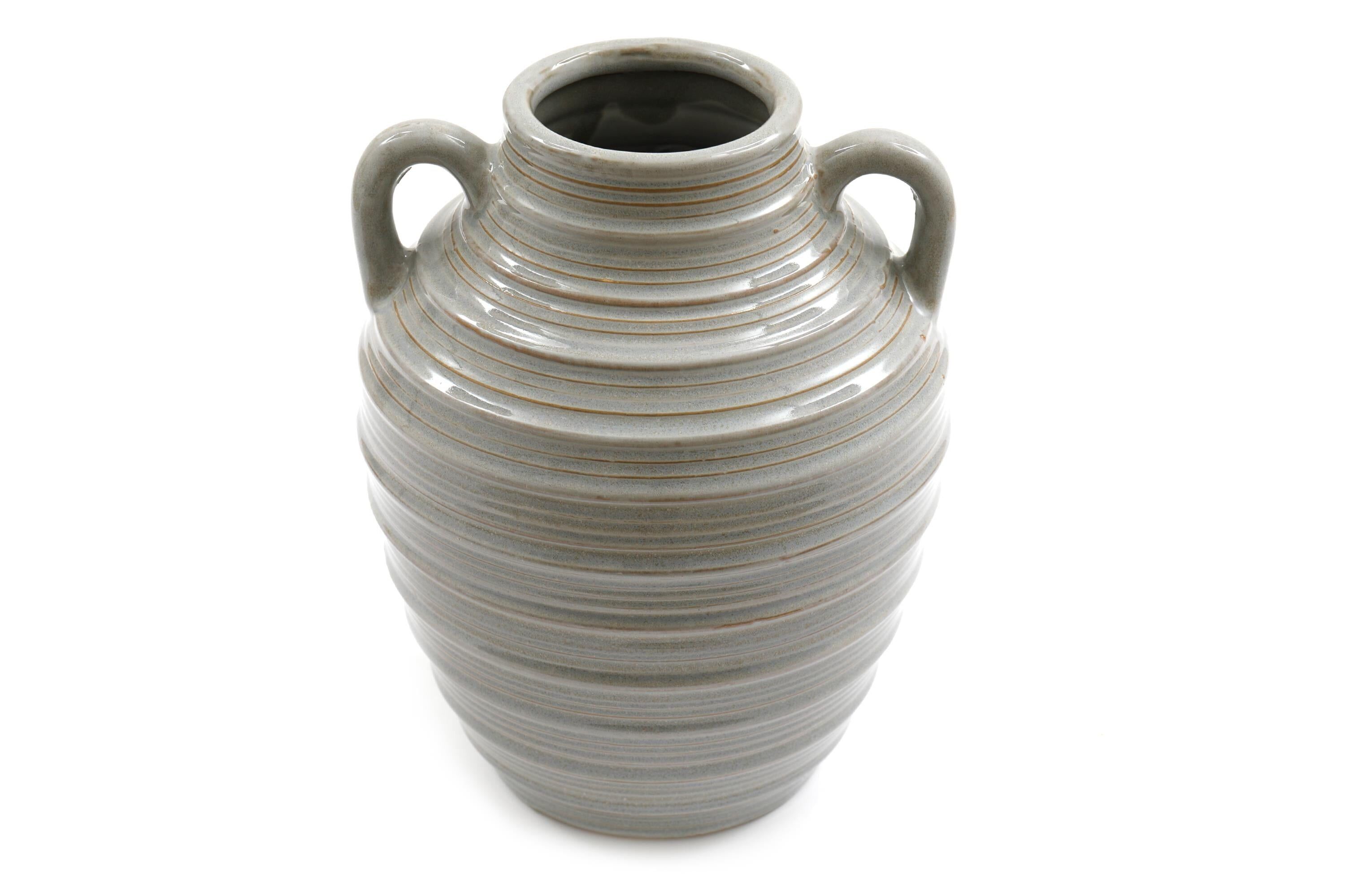 Vaso in ceramica grigia a coste con manici 25 cm