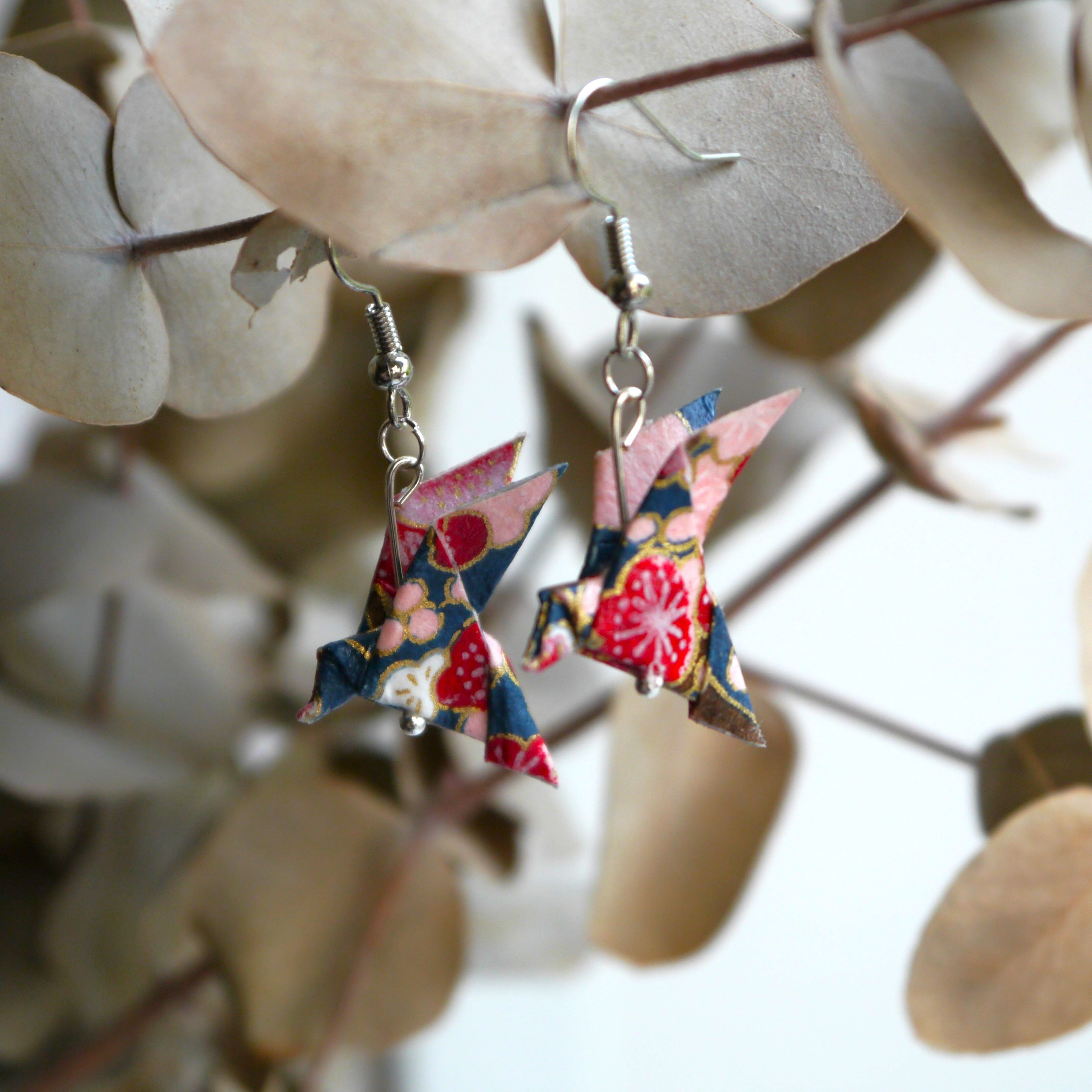 Orecchini origami - Coppia di colombe prugna