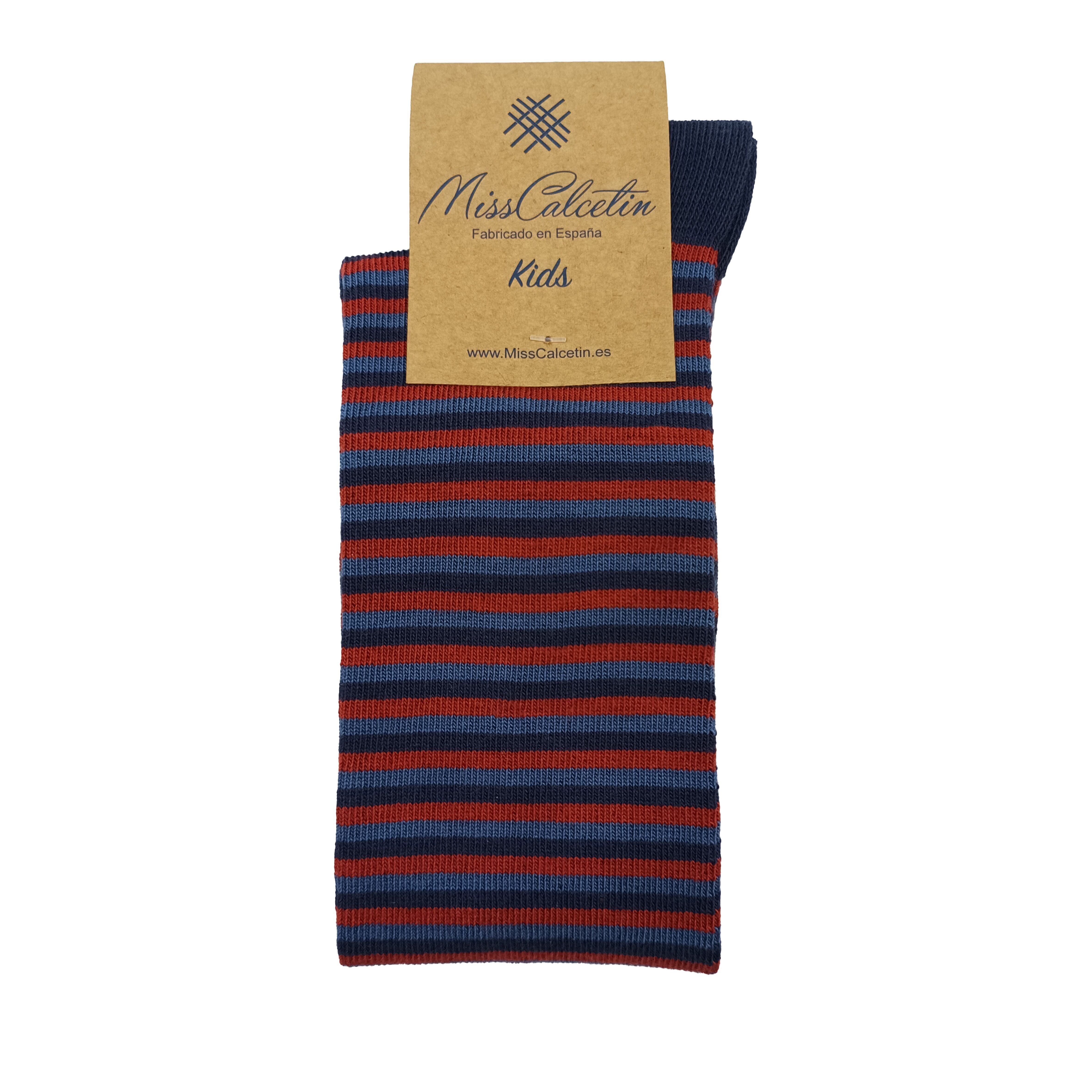 MissCalcetin Kids Caña Alta Raya FinaTricolor Cuba-Stone-Marino