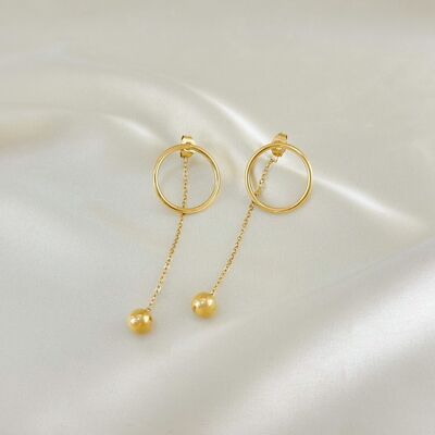 Small Circle Gold Earrings With Dangling Chains And Gold Balls