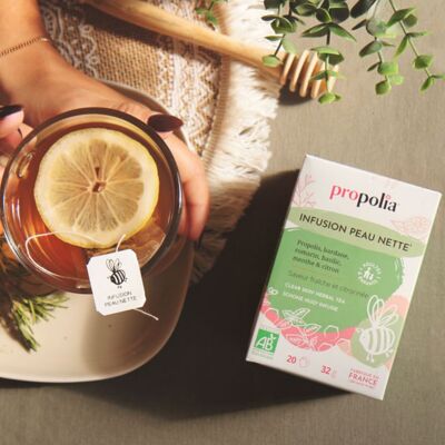 Infusion peau nette Bio - Propolis, Bardane, Romarin, Basilic, Menthe & Citron - 20 Sachets
