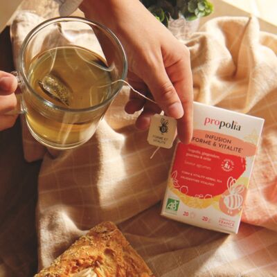 Infusión orgánica de fitness y vitalidad - Própolis, Jengibre, Guaraná y Ortiga - 20 Sobres
